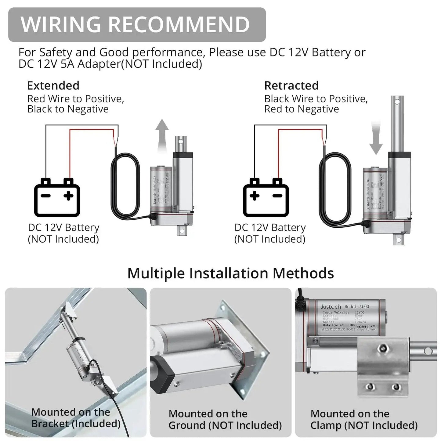 Diagram of 12V Linear Actuator 160LBS Lift wiring and mounting methods.