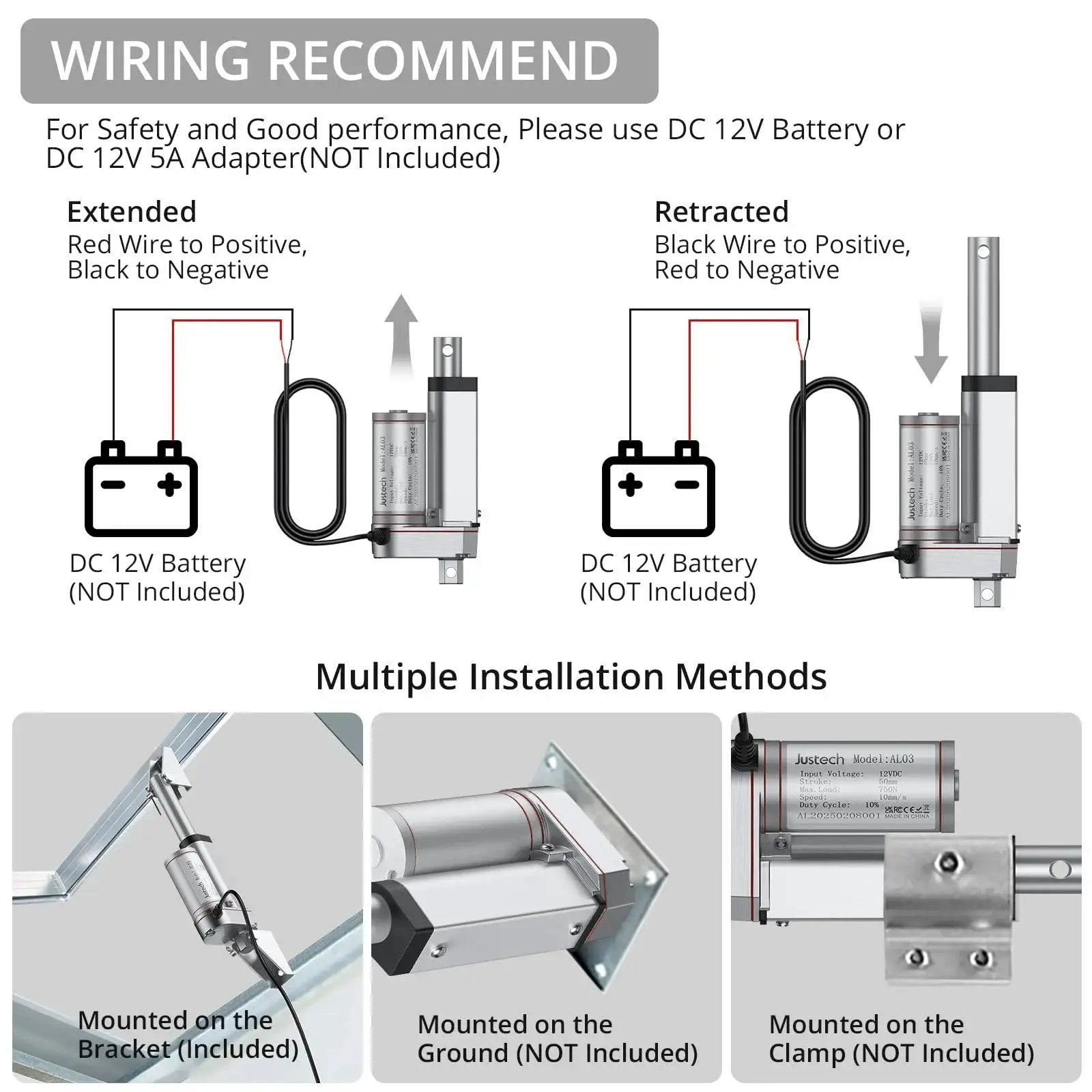 Diagram of 12V Linear Actuator 160LBS Lift wiring and mounting methods.