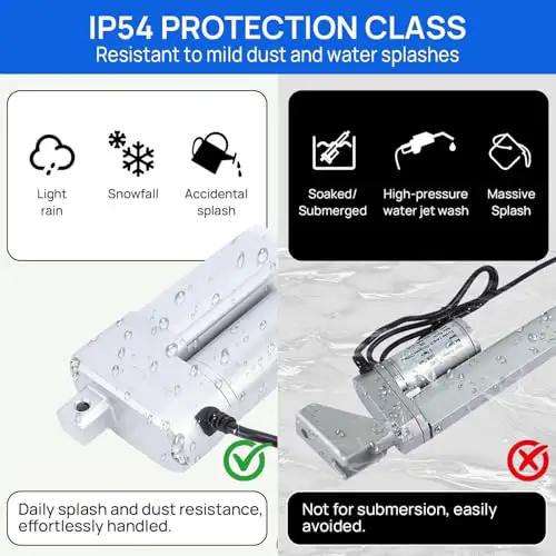 Built Tough Heavy Duty 12V 50mm Stroke Linear Actuator 1500N 330lb IP54 Electric Motion Actuator showing protection class