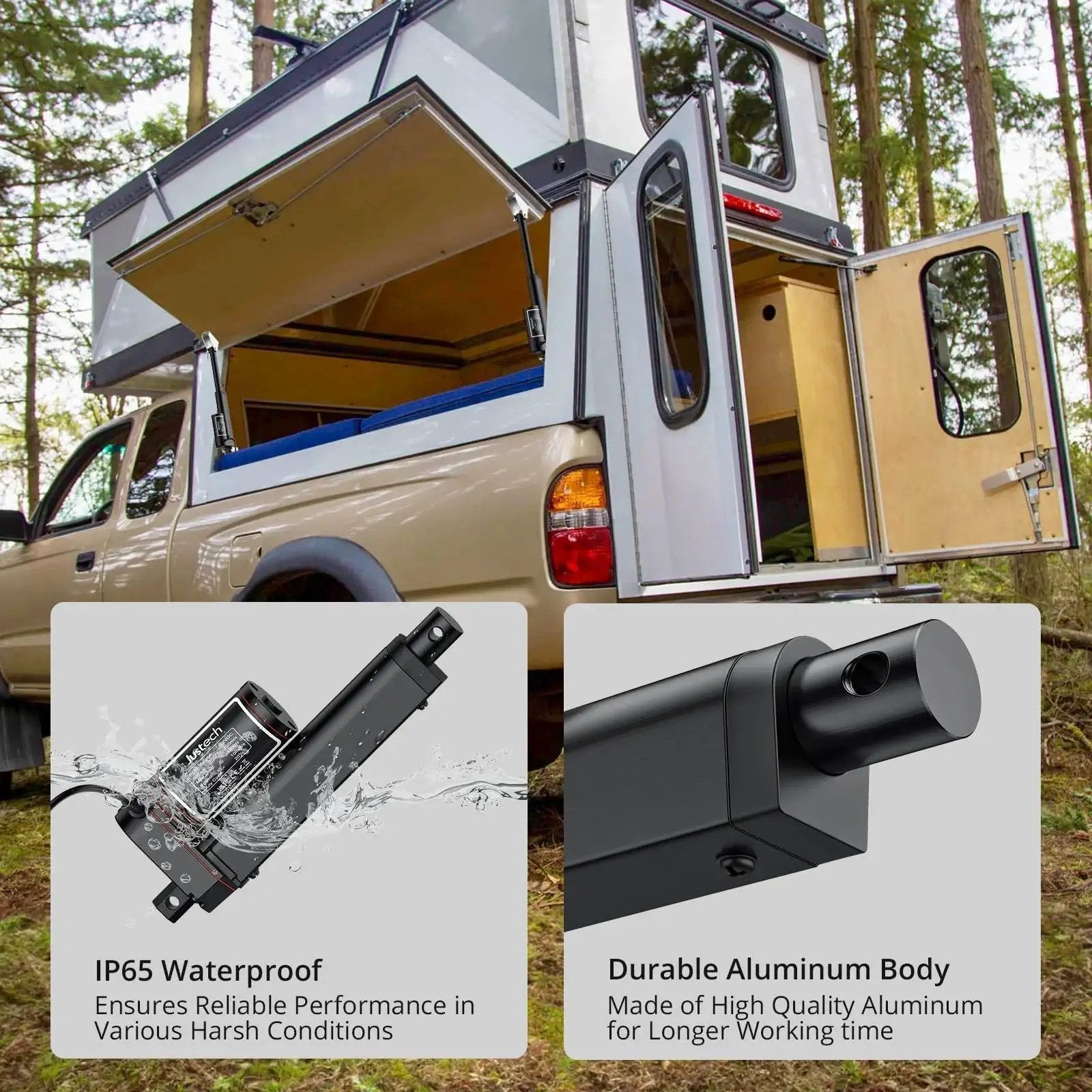 Beefy 12V Linear Actuator 330Lbs 1500N 4 Inch Stroke used in RV, highlighting IP65 waterproof durability and aluminum construction.