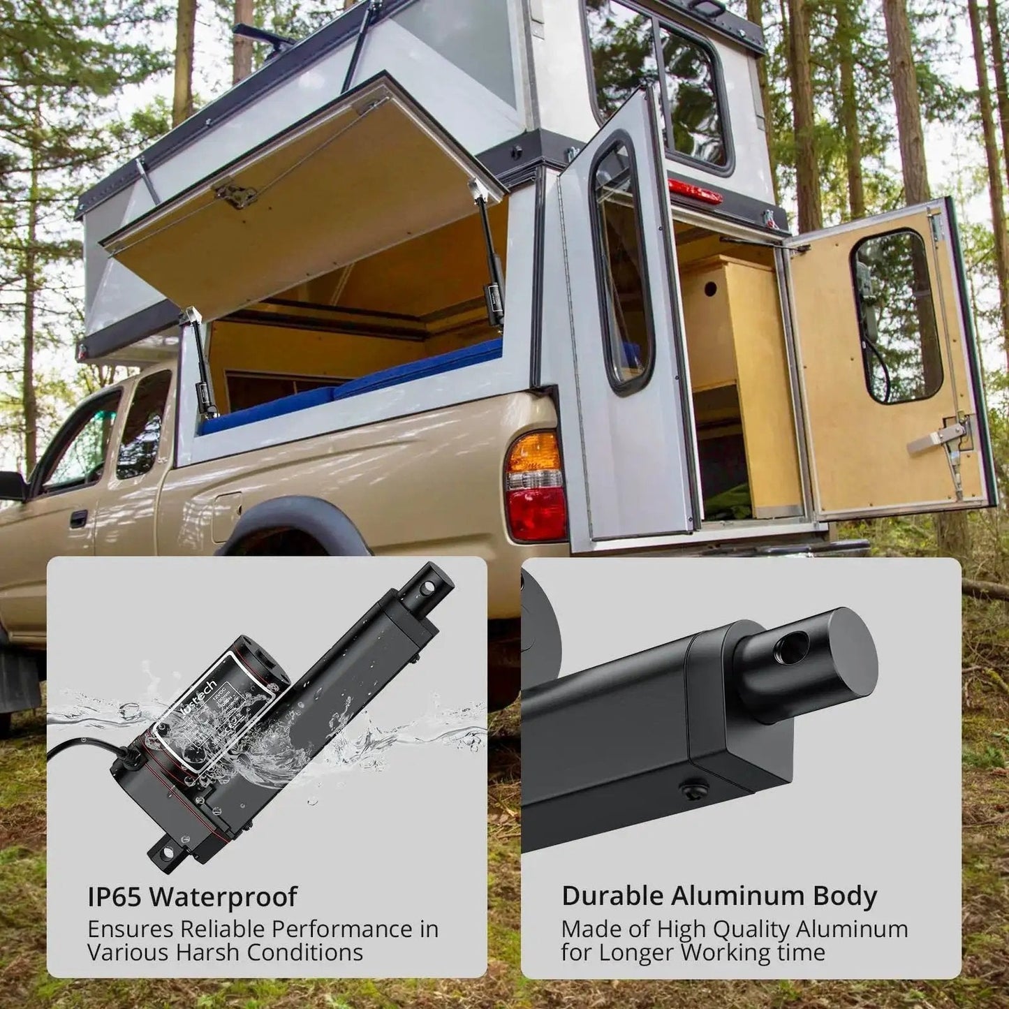 Heavy Duty 12V Linear Actuator With 225lbs Load, 1000N, 4 Inch Stroke, IP65 Rated, installed on RV with open door and awning