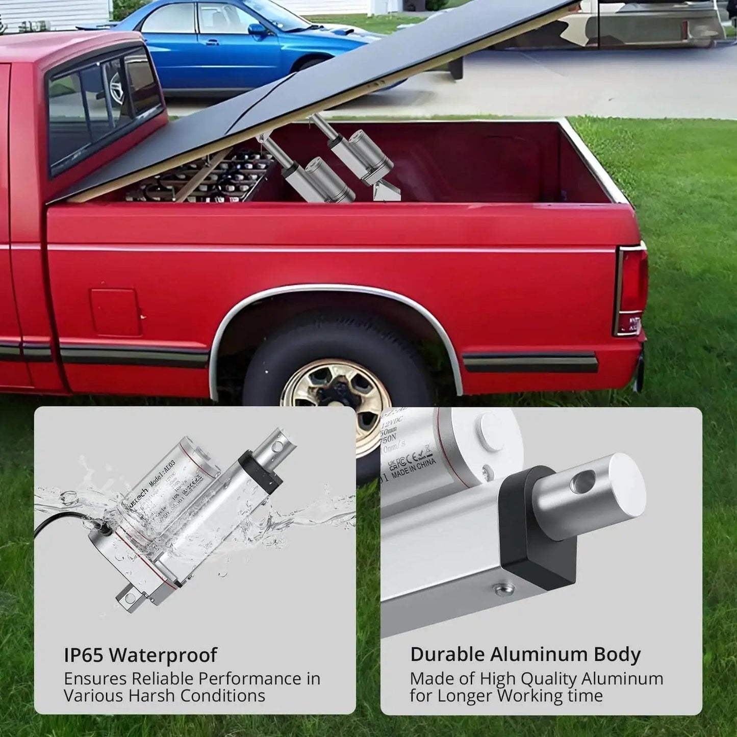 12V Linear Actuator 160LBS Lift, 2 Inch Stroke in a truck toolbox showing IP65 waterproofing and durable aluminum