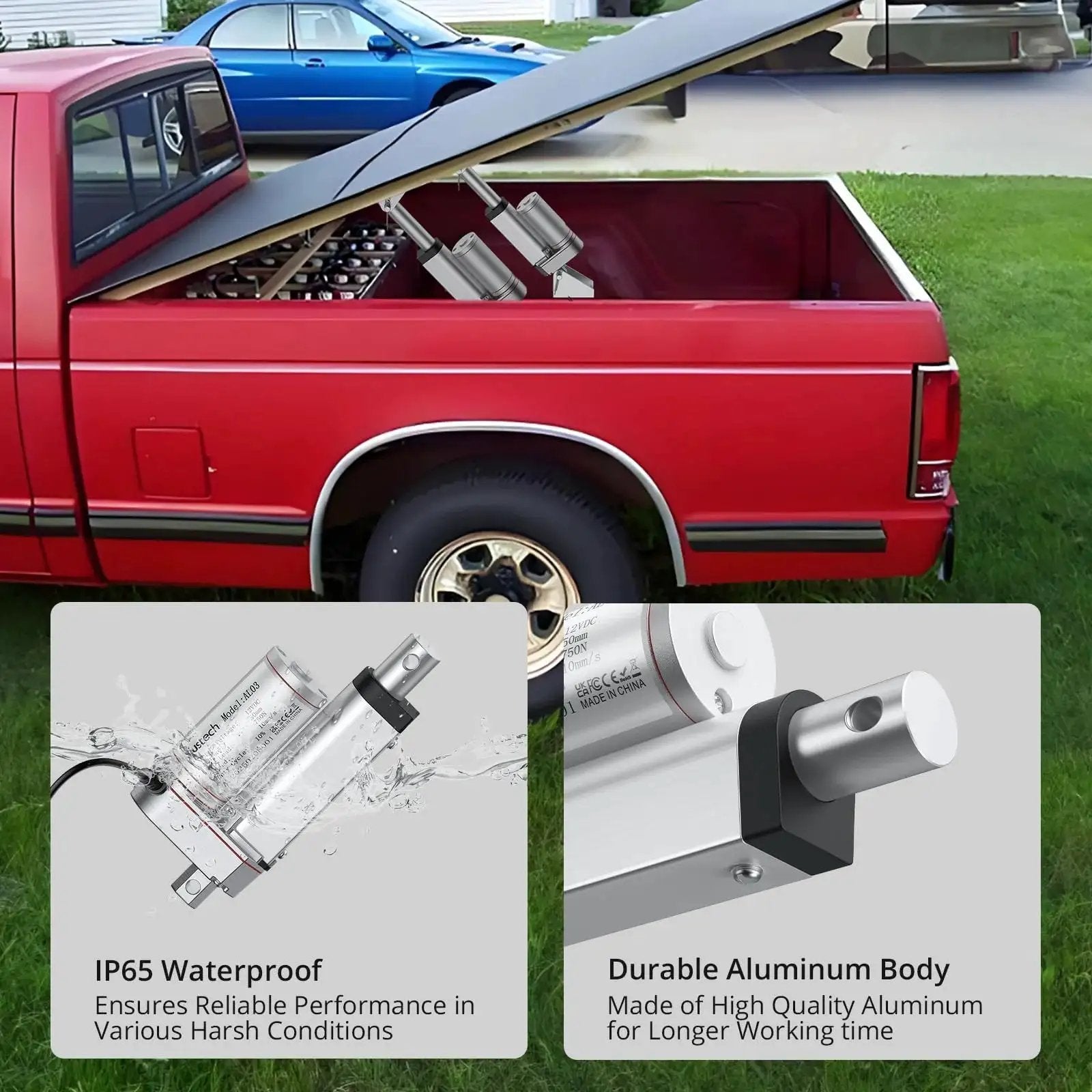 12V Linear Actuator 160LBS Lift, 2 Inch Stroke in a truck toolbox showing IP65 waterproofing and durable aluminum