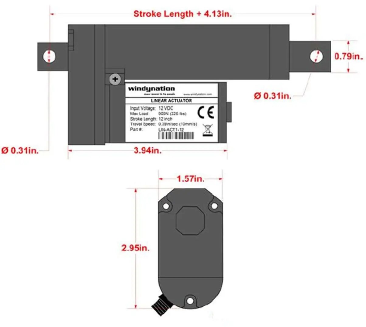 Diagram of a 12 Volt Linear Actuator Kit 225 Lbs With Wireless Remote Control DPDT Switch And Mounting Brackets, dimensions labeled.