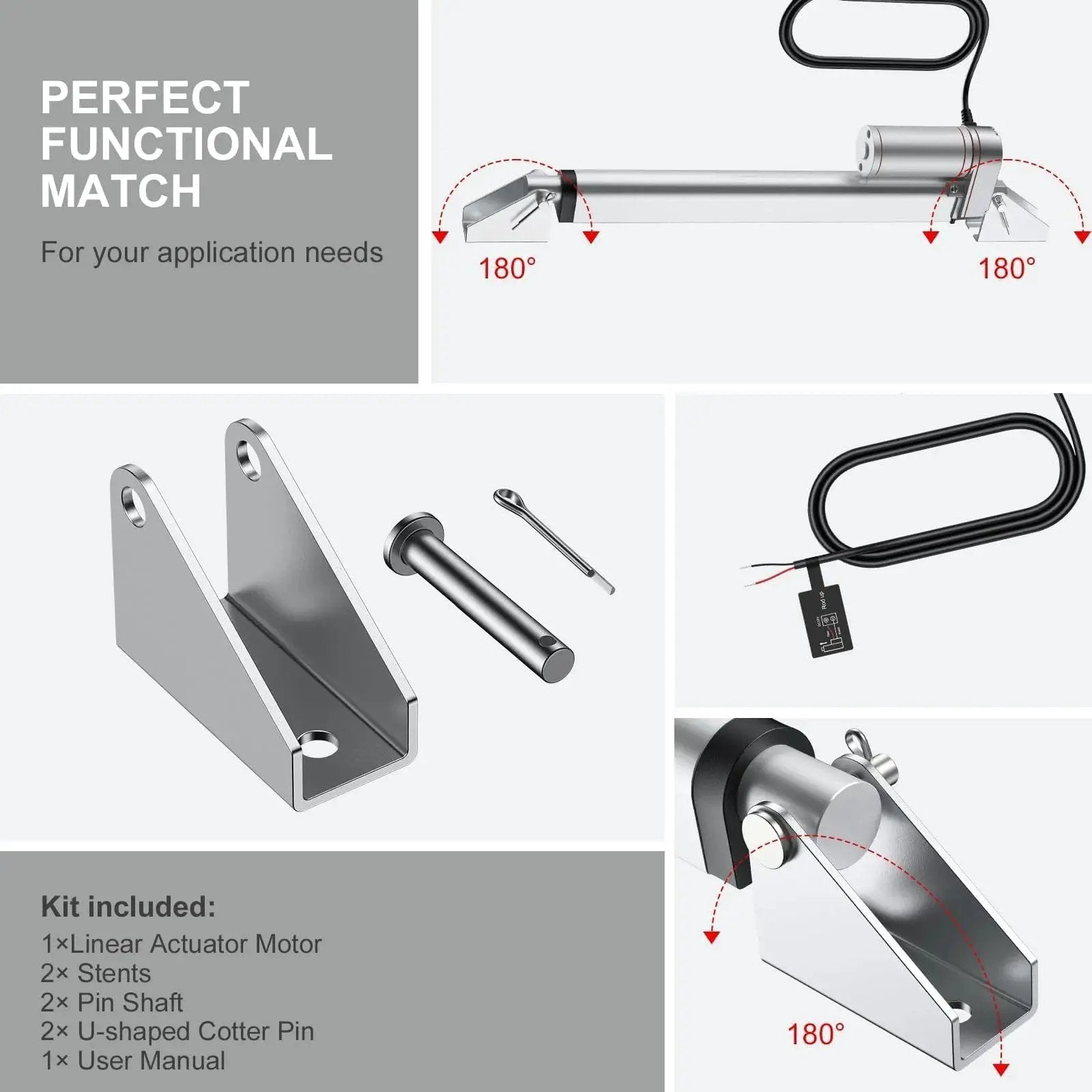 Beefy 12V Heavy Duty Linear Actuator 330LBS 1500N with brackets, kit components detailed, silver Justech