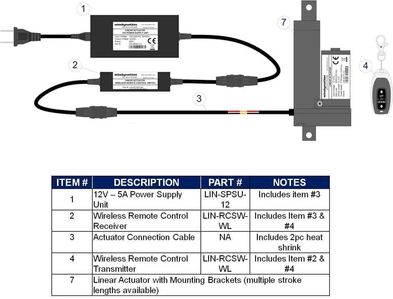 12 Volt Linear Actuator Kit 225 Lbs With Wireless Remote Control DPDT Switch And Mounting Brackets Includes 12V Actuator Remote Unit And Wire Connectors No Power Supply Included For Users With Their Own Battery diagram