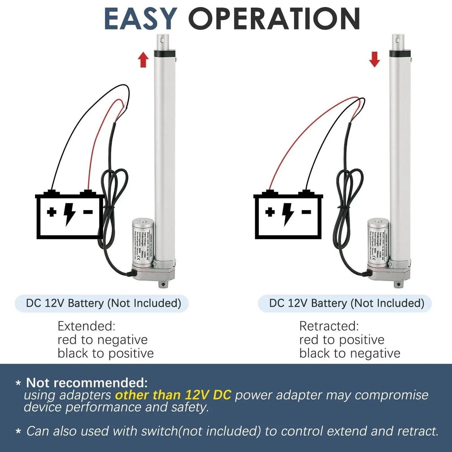 Easy operation guide for Heavy Duty 12V Electric Linear Actuator with 300mm Stroke and Mounting Bracket, showing wiring setup.