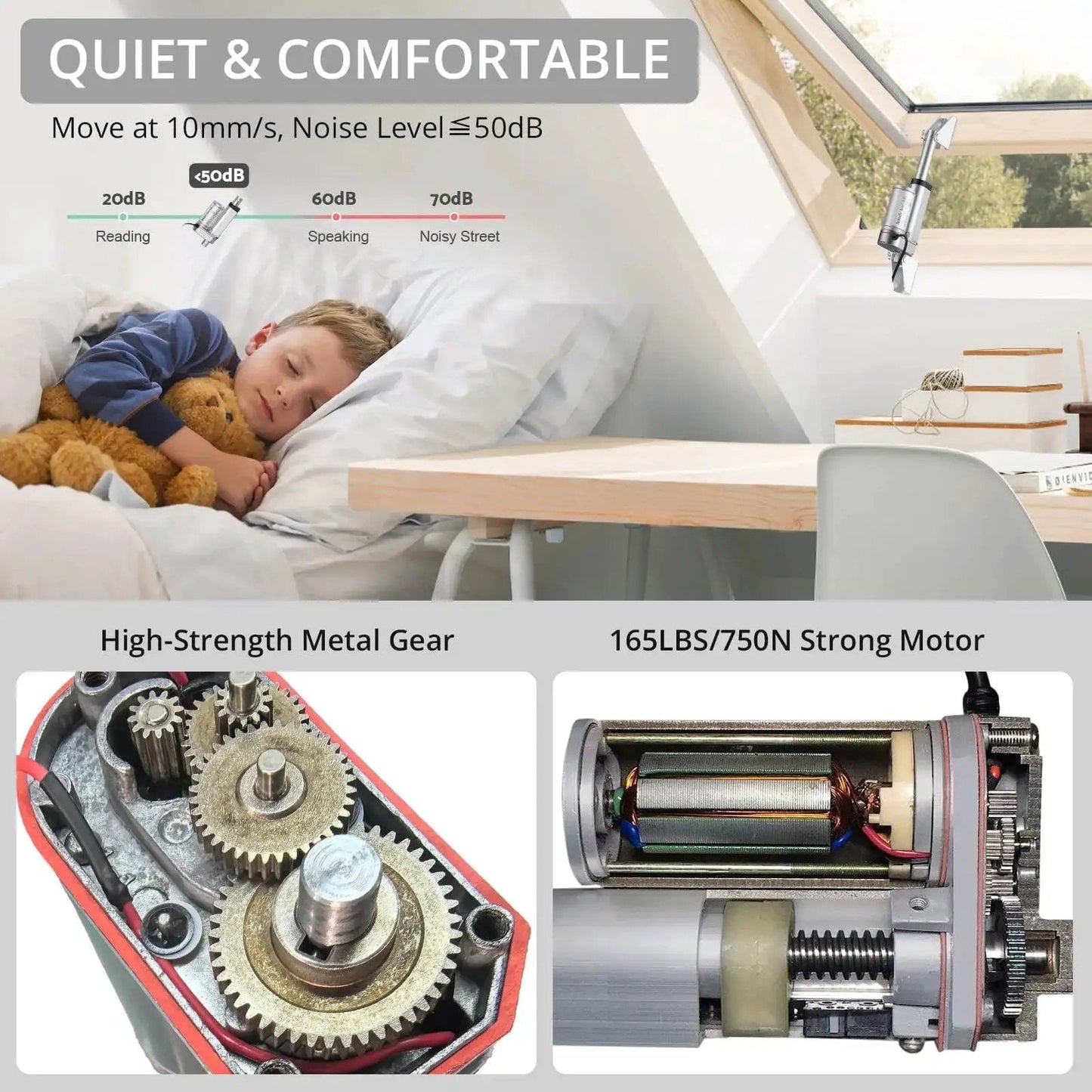 Child sleeping under a window with a 12V Linear Actuator 160LBS Lift installed on the window.
