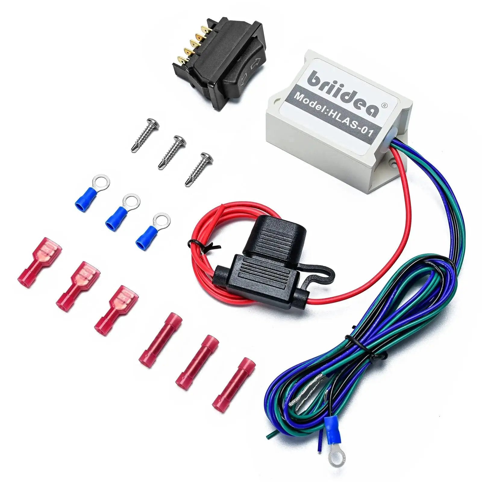 Versatile 12 Volt 10A Linear Actuator Switch Kit with wiring components, connectors, and relay module for auto accessories install