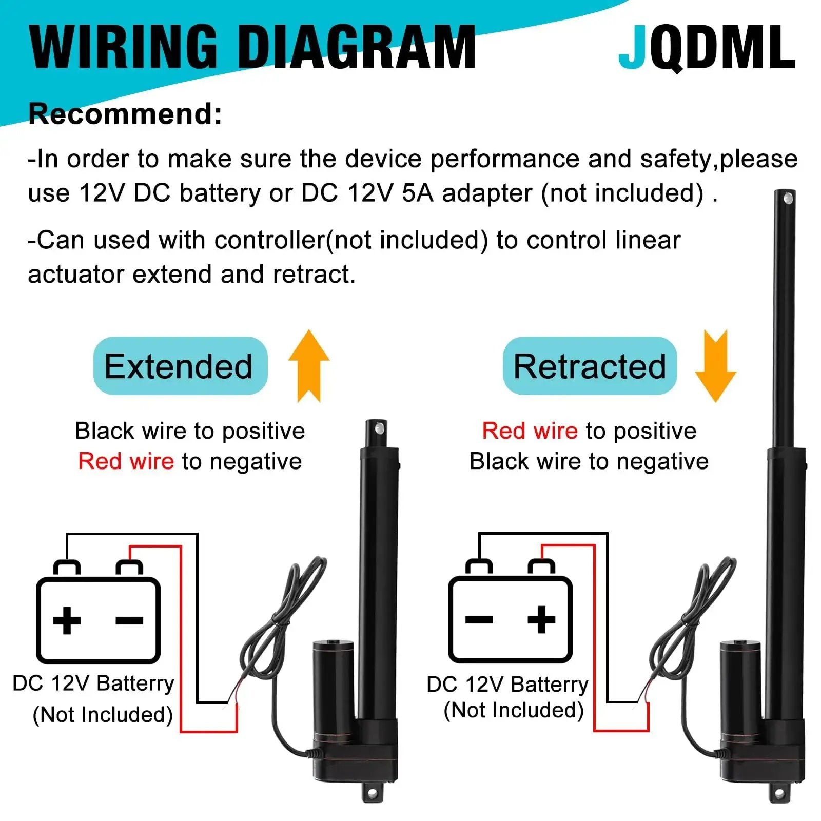 Wiring diagram for Four Inch High Speed 12V Linear Actuator With 88 Lbs Load Capacity IP65 Waterproof showing extended and retracted positions.