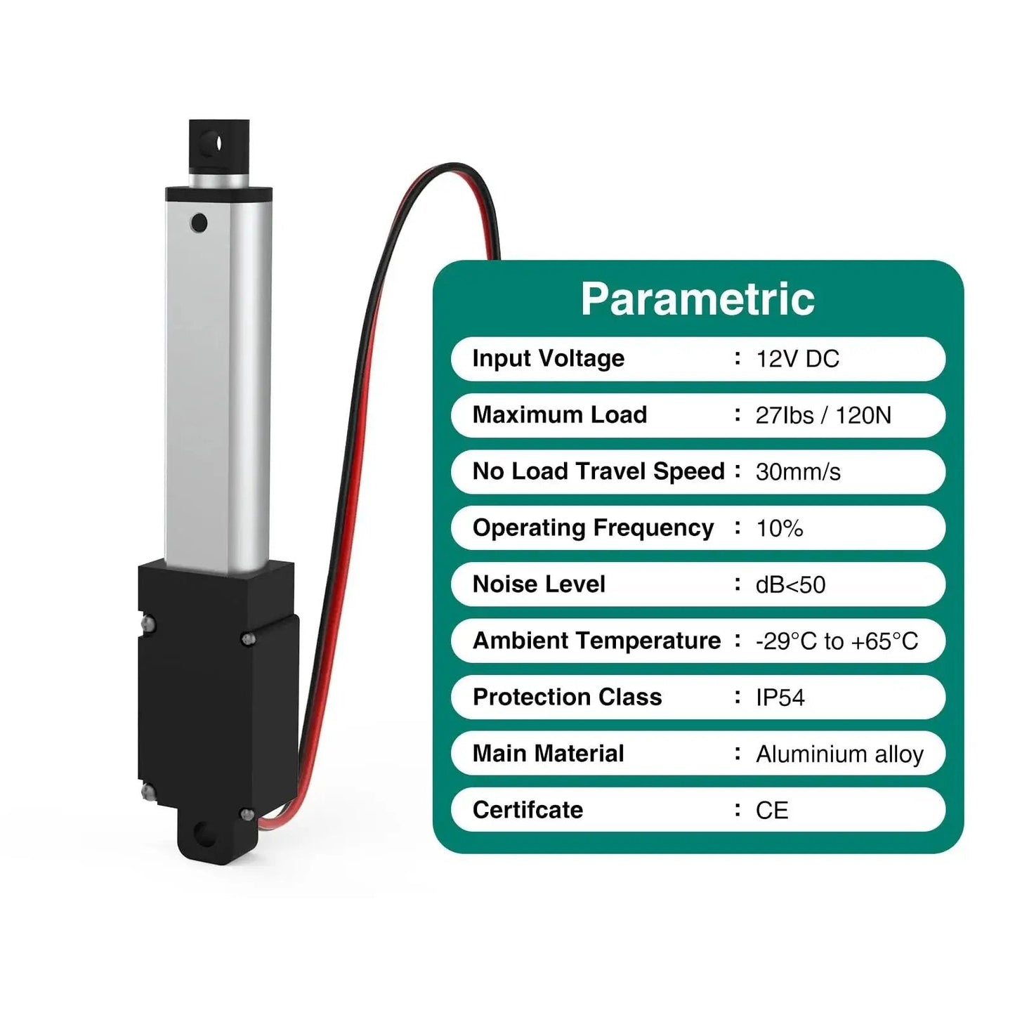 12V Mini Linear Actuator 100mm Stroke 120N with parametric specifications including 4 Inch Travel, 0.6 Inches Per Second Speed, Aluminum Housing
