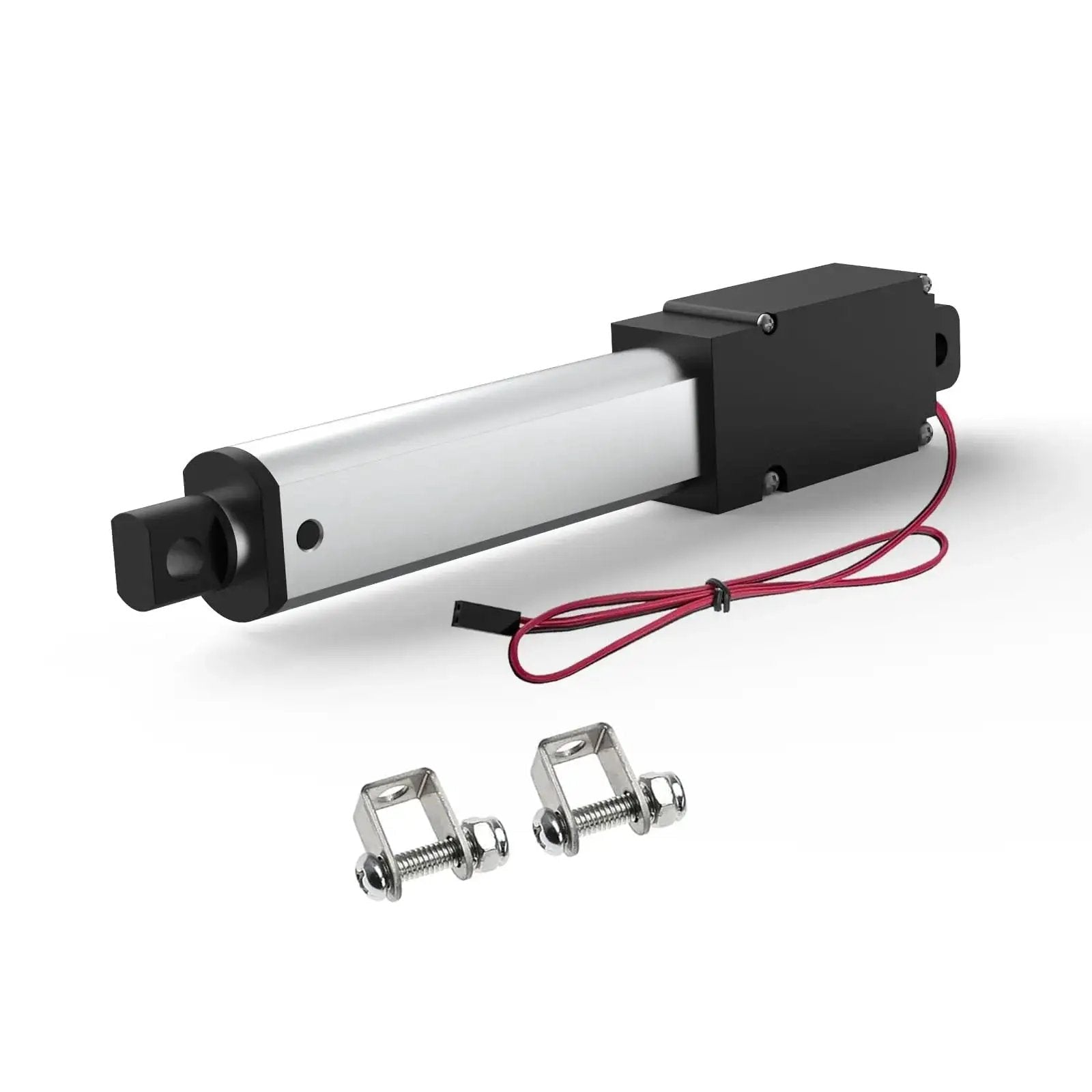 12V Mini Linear Actuator With 50mm Stroke And 2 Inch Travel, shown with aluminum body and brackets included for easy install.