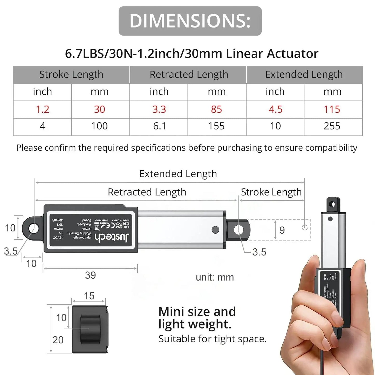 Diagram showing dimensions of a Justech 12V Mini Linear Actuator With IP54 Waterproof Protection, suitable for DIY projects.