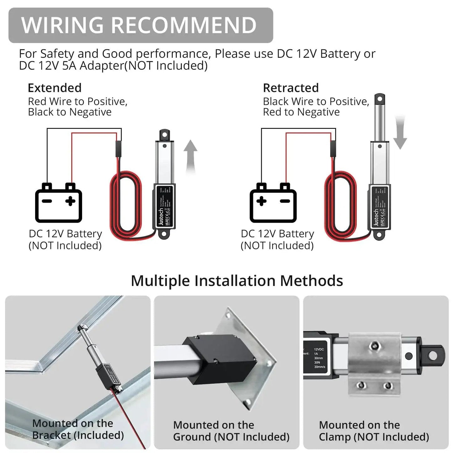 Diagram showing wiring and installation methods of 12V Mini Linear Actuator With IP54 Waterproof Protection for DIY projects