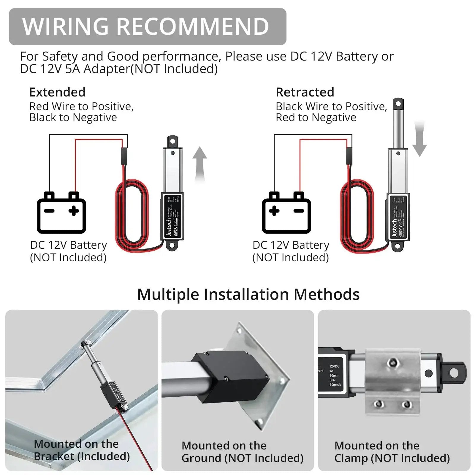 Diagram showing wiring and installation methods of 12V Mini Linear Actuator With IP54 Waterproof Protection for DIY projects