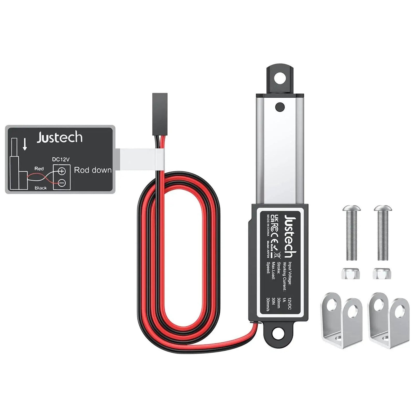 12V Mini Linear Actuator With IP54 Waterproof Protection For Windows And Doors Beds RVs And Industrial Equipment 6.7 Lbs Thrust 30 N 1.2 Inch Stroke Micro Motion With Brackets Justech, shown with wiring and brackets.