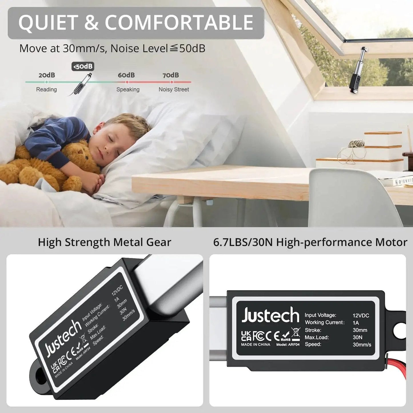 Child sleeping with Justech 12V Mini Linear Actuator showing IP54 waterproof protection and specifications for windows and doors.