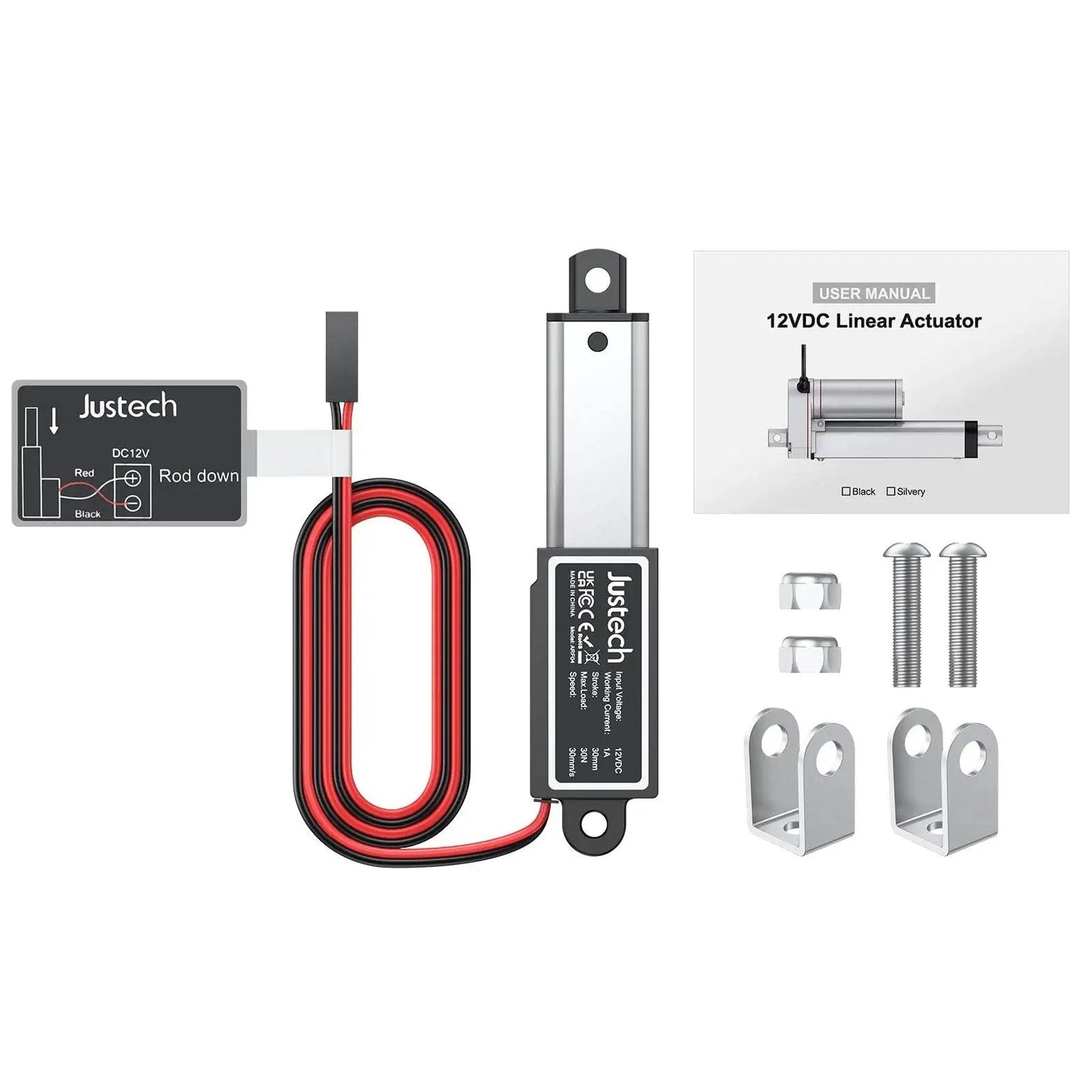 12V Mini Linear Actuator With IP54 Waterproof Protection For Windows And Doors Beds RVs And Industrial Equipment 6.7 Lbs Thrust 30 N 1.2 Inch Stroke Micro Motion With Brackets For DIY Projects Justech parts and user manual