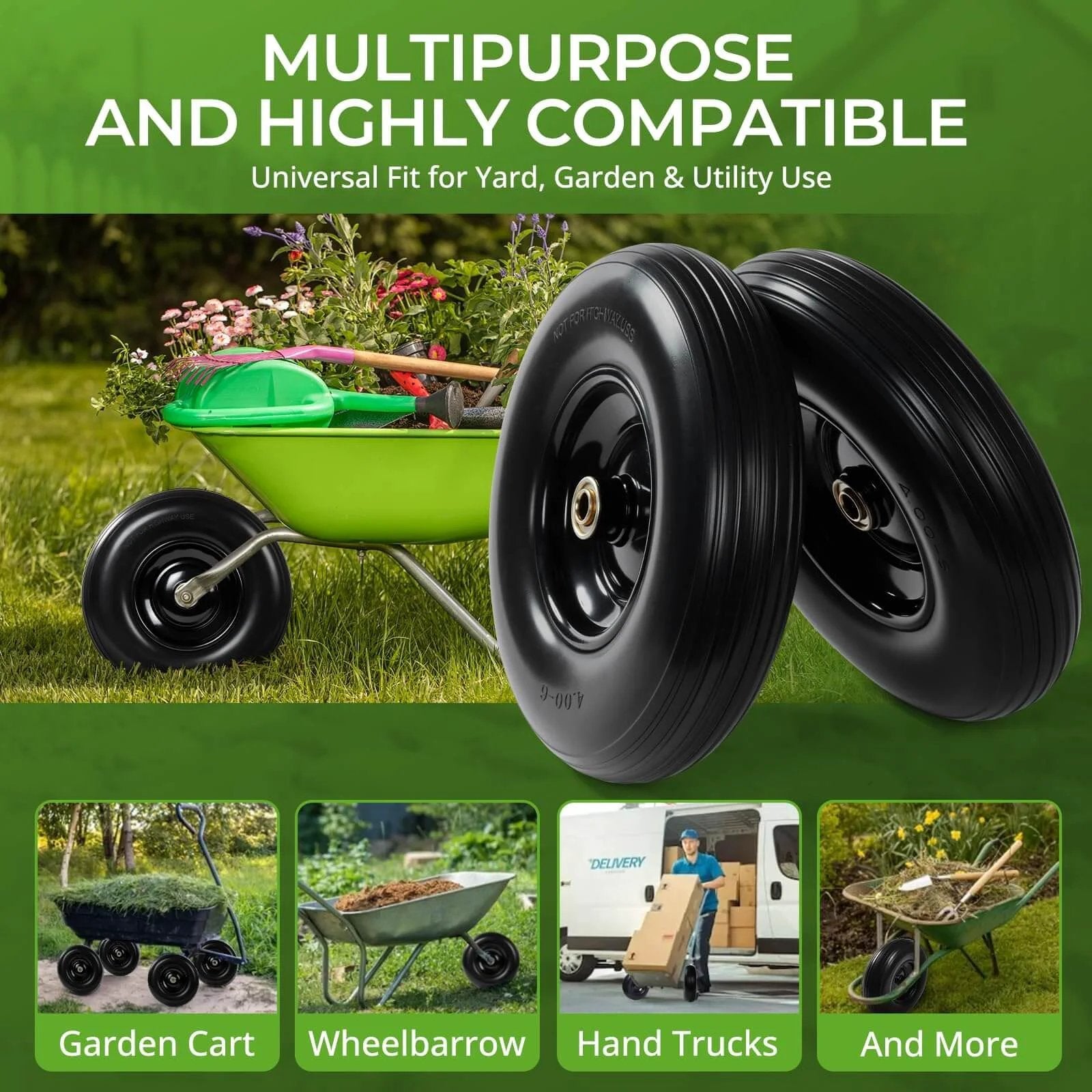 13 Inch Flat Free PU Tire 2 Pack solid polyurethane replacement wheels with steel hubs for garden carts and wheelbarrows.