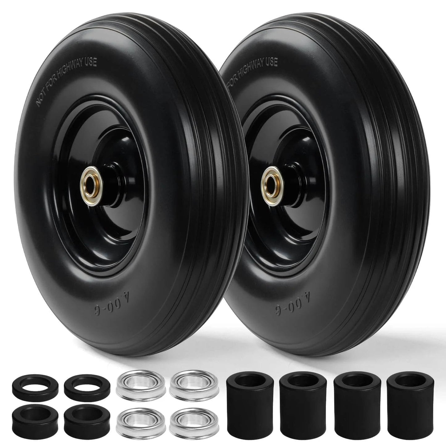 13 Inch Flat Free PU Tire 2 Pack solid polyurethane replacement wheels with steel hubs and bearings for garden carts and wagons.