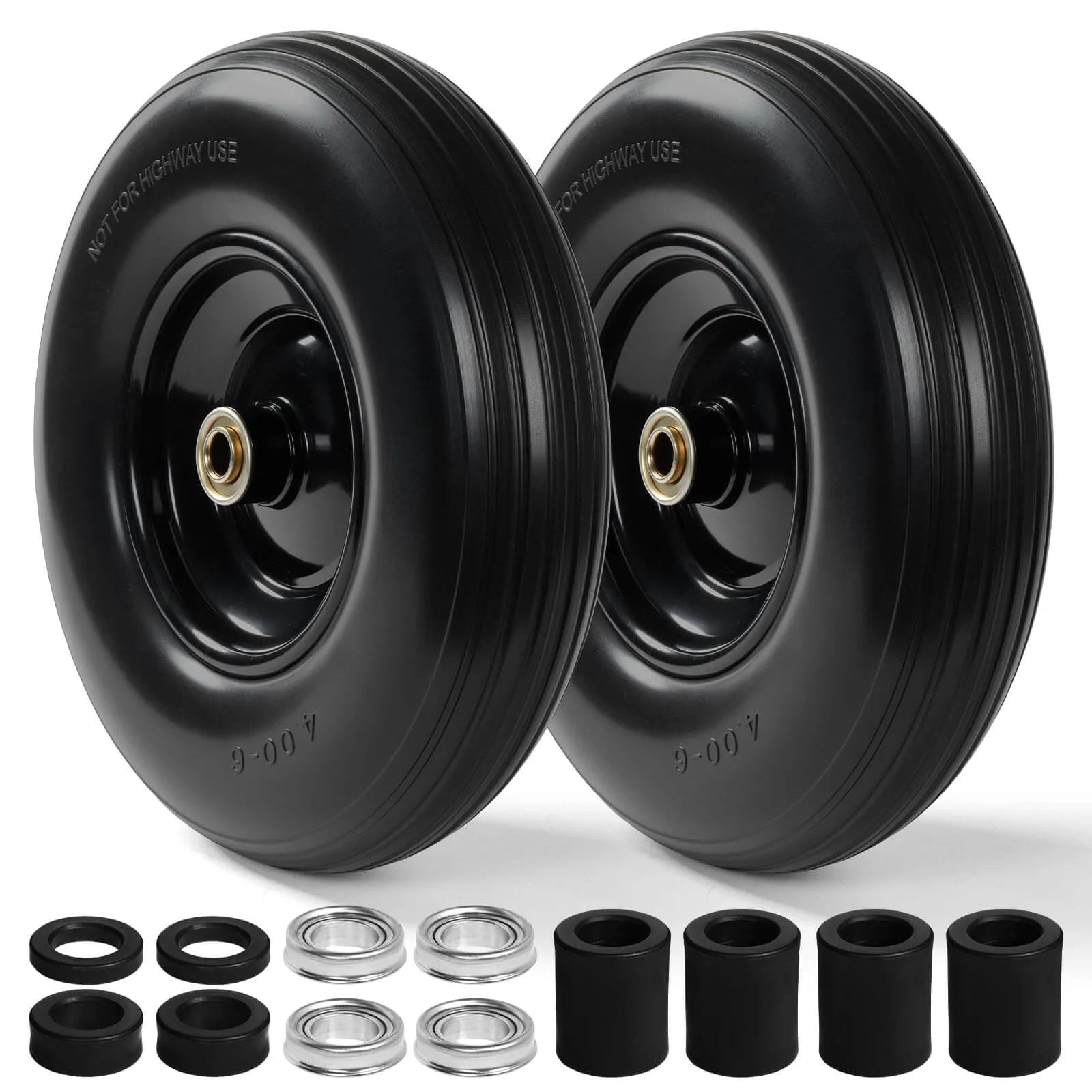 13 Inch Flat Free PU Tire 2 Pack solid polyurethane replacement wheels with steel hubs and bearings for garden carts and wagons.