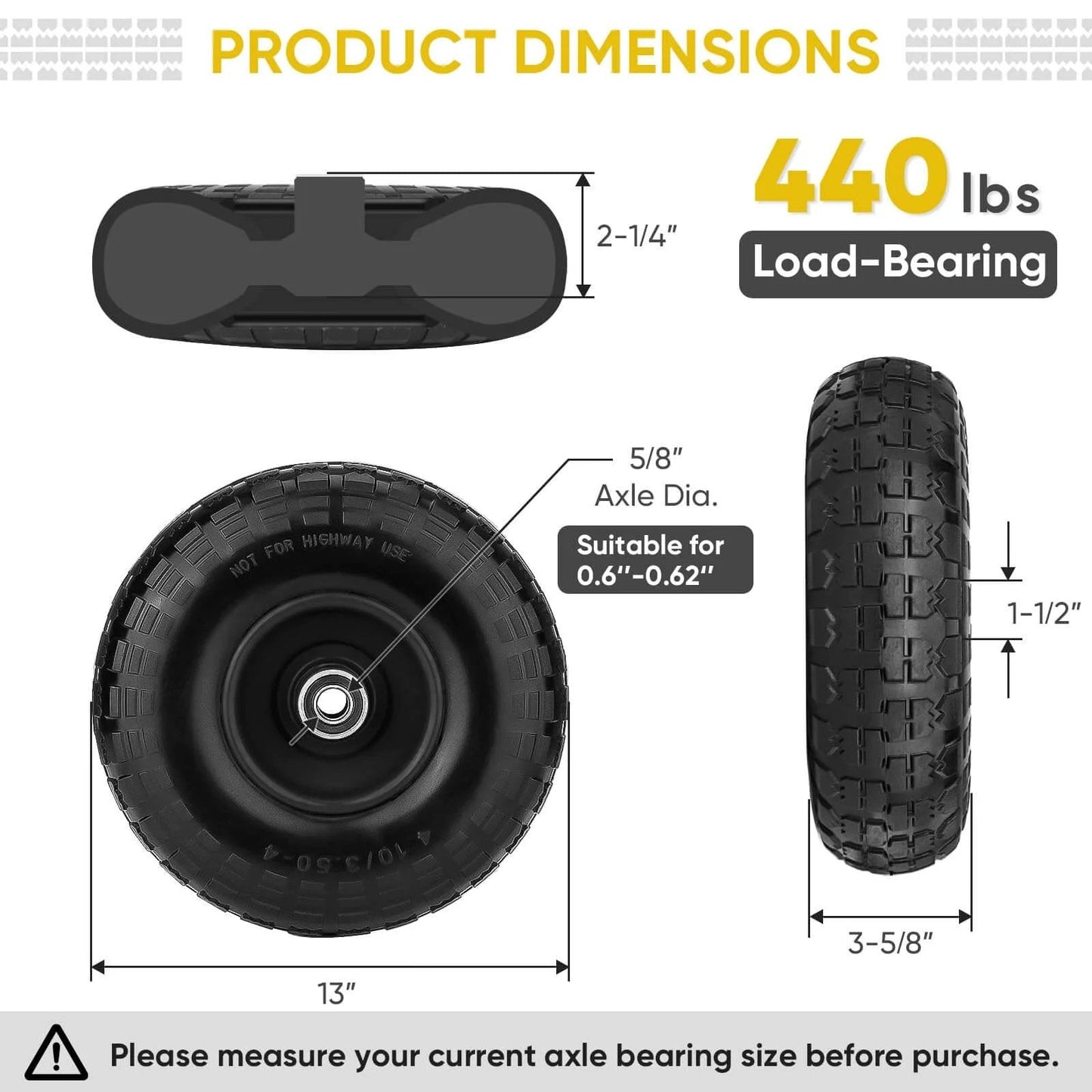 4.00-6 Flat Free Tire and Wheel Set showing dimensions, 13 inch size, 5/8 inch axle bore, and load-bearing capacity of 440 lbs.