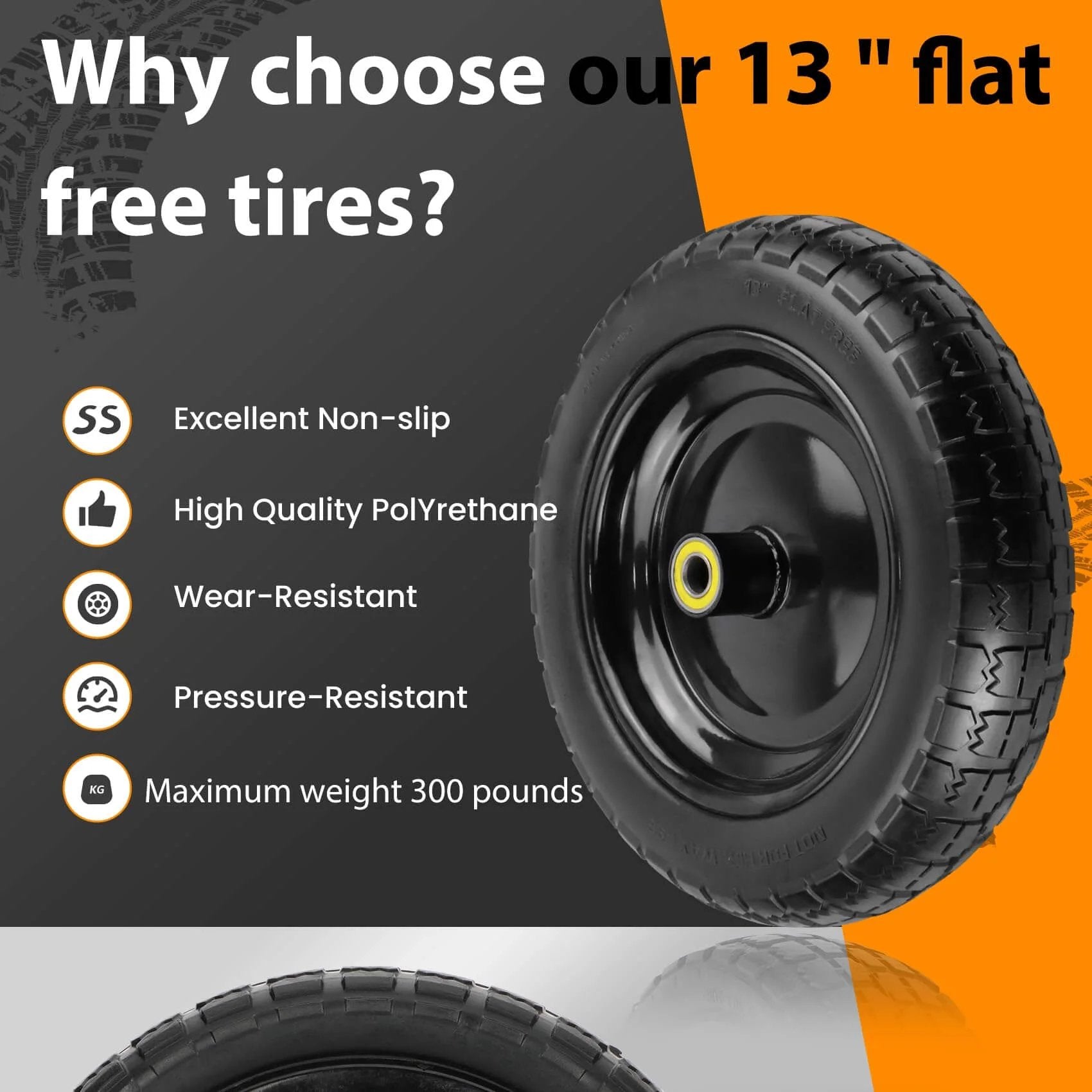 ✝️ 13" flat free wheels replacement for gor garden cart tires, 4.00-6 solid tires with 5/8"bearings, non-slip polyurethane