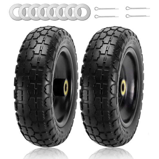 13" flat-free tire and wheel for 13"garden cart tire replacement with 5/8" axle borehole, 2.1" offset hub, 2-pack with washers