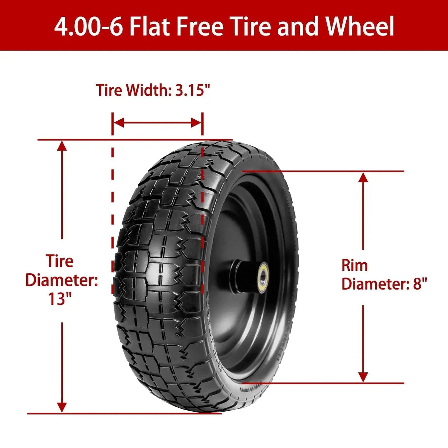 Detailed view of 13 Inch Flat Free Solid Tire And Wheel For Gorilla Cart Wagon And Wheelbarrow 4.00-6 Size with dimensions and specifications.