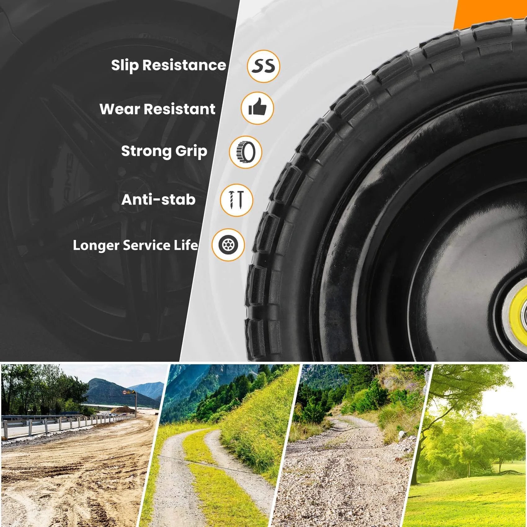 ✝️ 13" flat free wheels replacement for gor garden cart tires, 4.00-6 solid tires with 5/8"bearings, benefits and outdoor paths