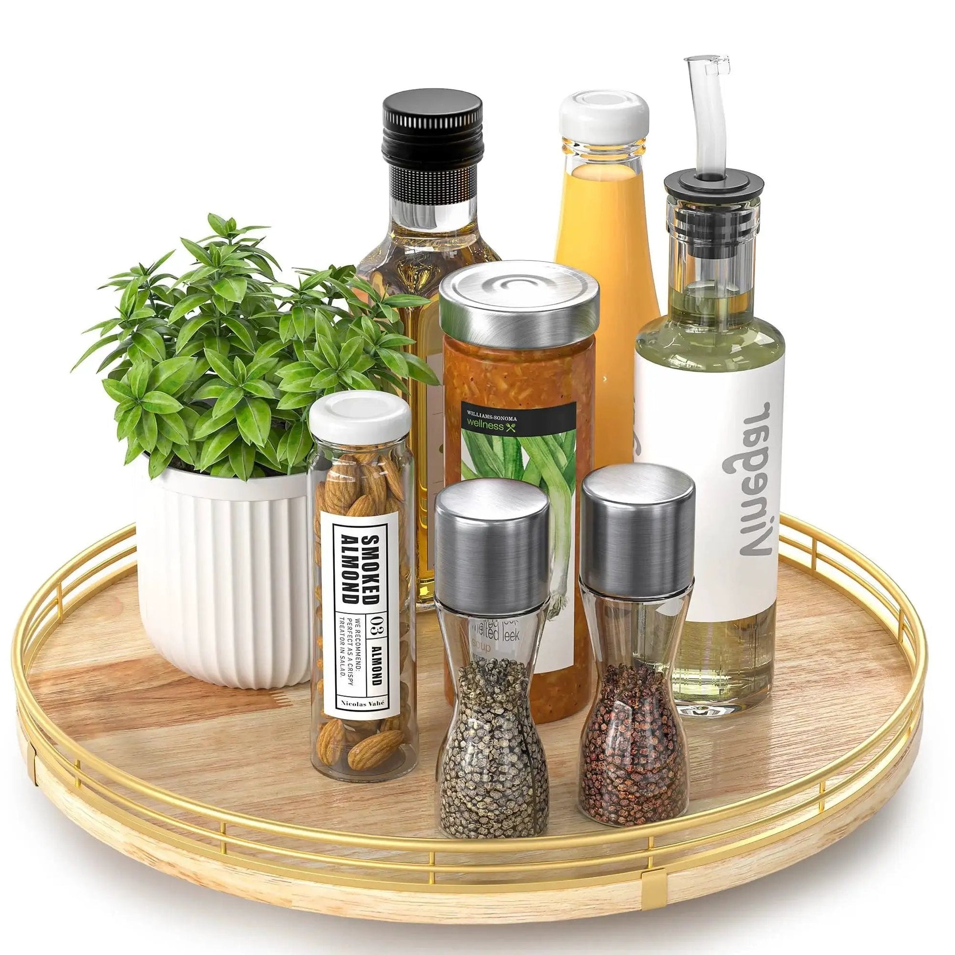 13 Inch Round Wooden Lazy Susan Turntable Organizer for Cabinet and Pantry Storage with condiments and plant, solid wood