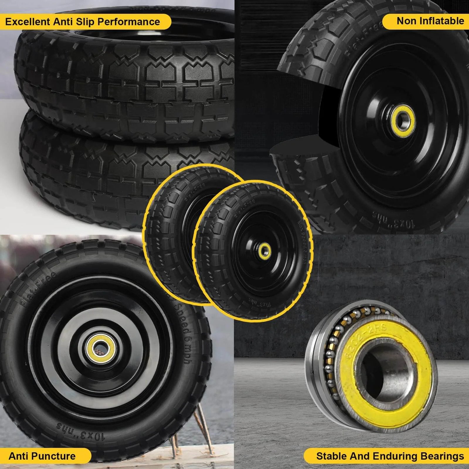 Collage of 13 inch solid rubber tires 4.00-6 flat free, showcasing anti-slip, non-inflatable design, and enduring 5/8" bearings.
