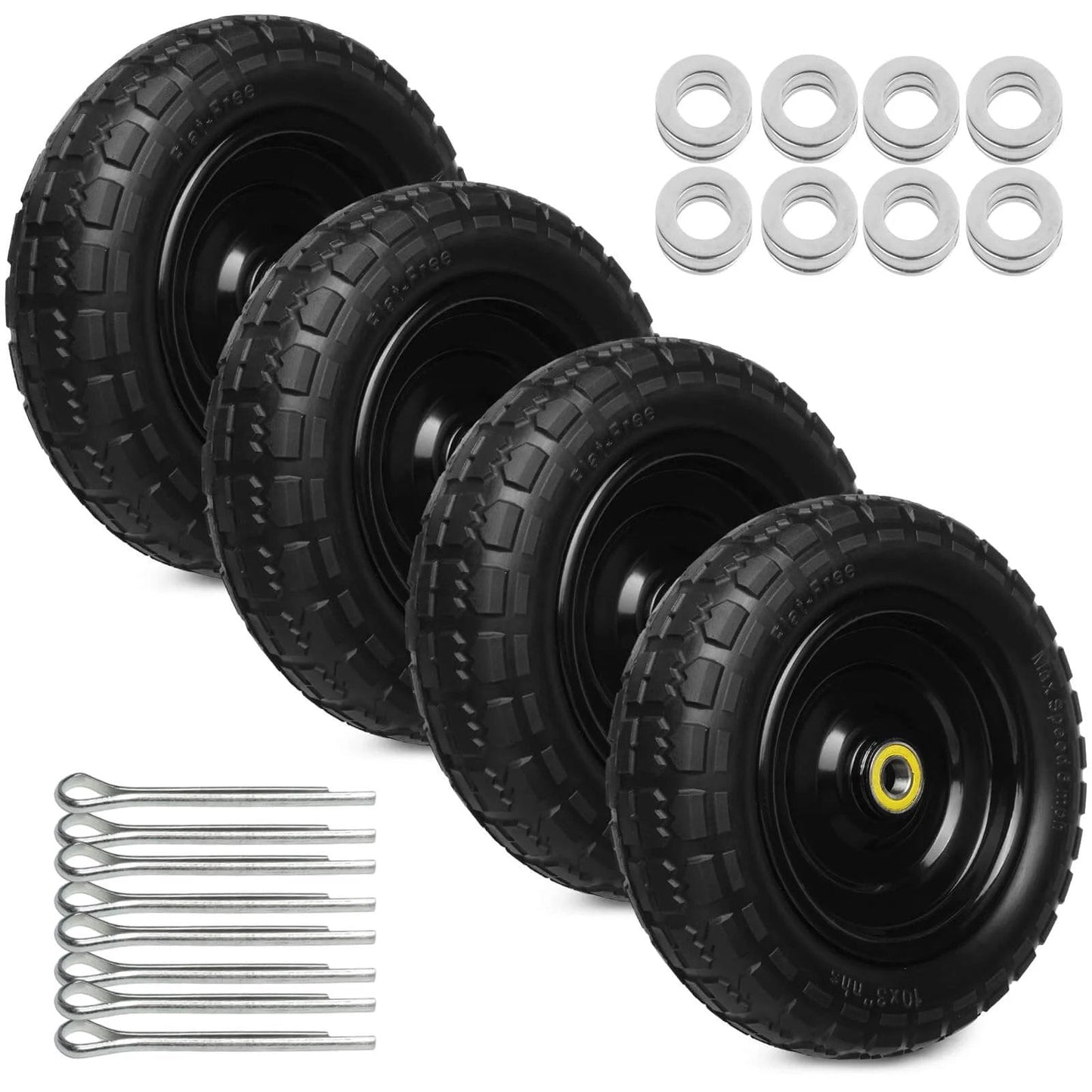 4 pack of 13 inch solid rubber tires, 4.00-6 tire flat free with 5/8" bearings and 2.17" offset hub for gor garden cart and yard trailers.