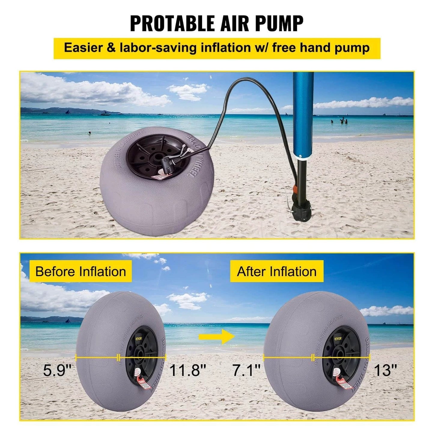 13 Inch Beach Balloon Wheels Replacement Sand Tires being inflated with free hand air pump