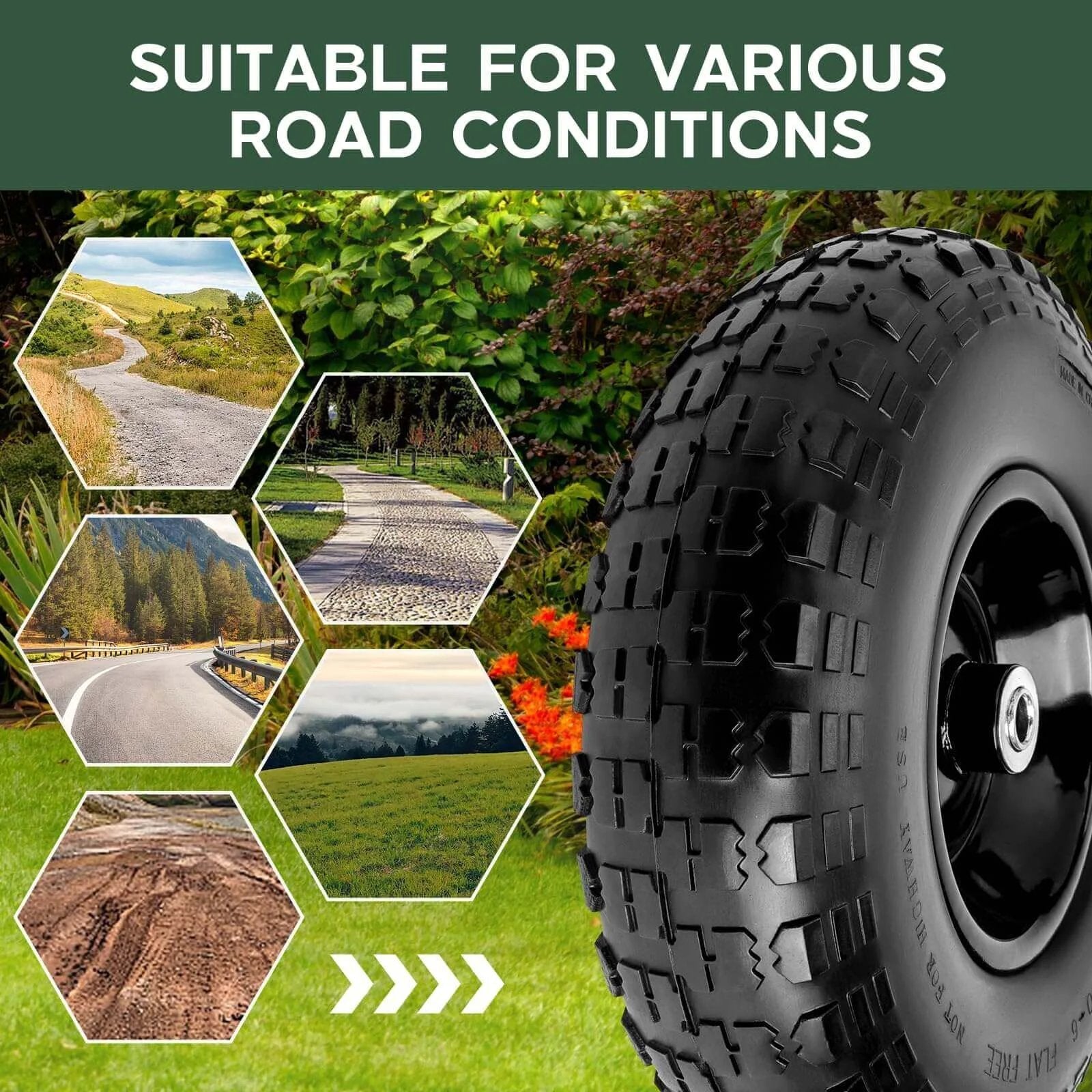 1 PC 13 Inch Rubber Solid Flat Free Replacement Tires and Wheels 4.00-6 showing suitability for various road conditions