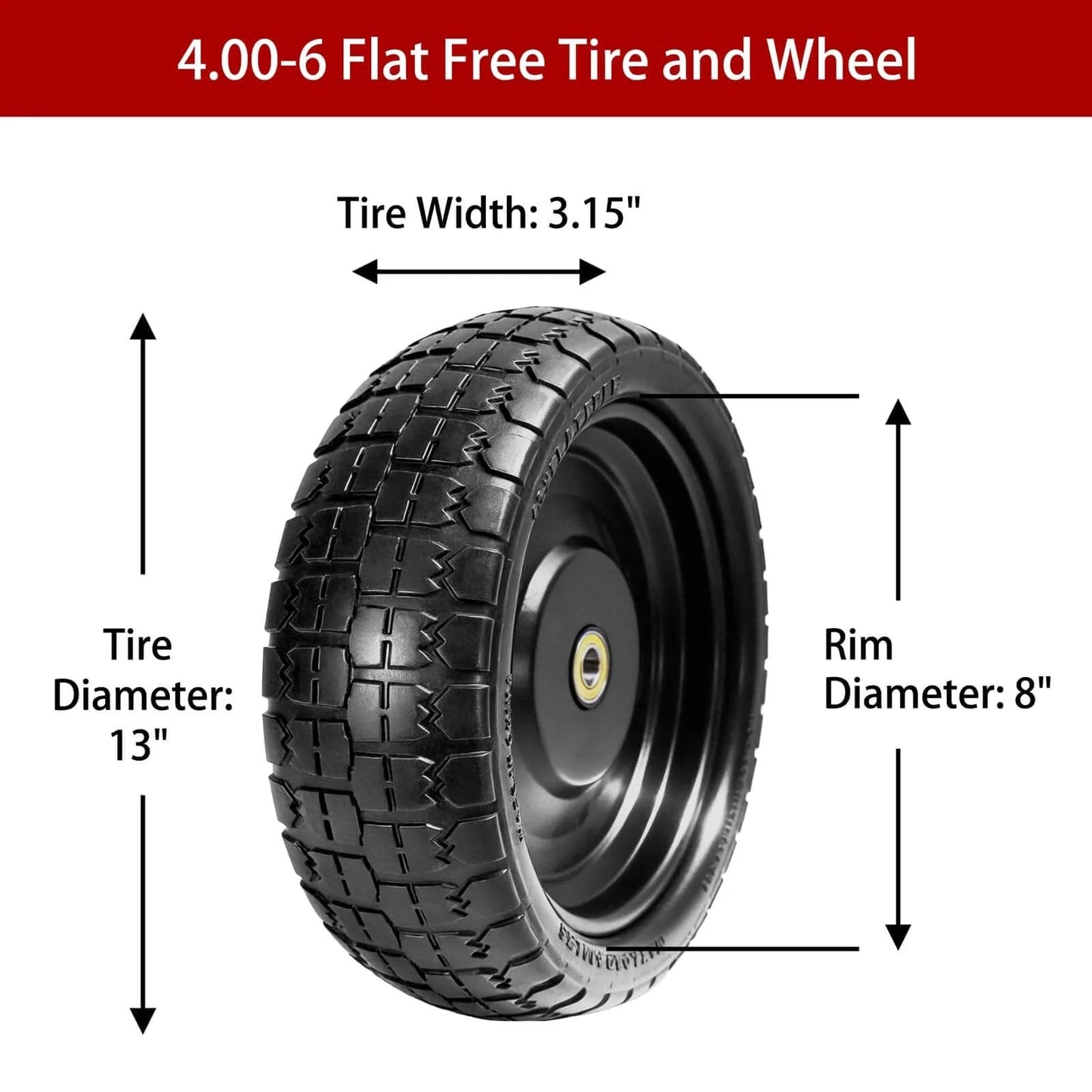 4.00-6 flat free tire and wheel, 13" diameter, 3.15" width, 8" rim, solid rubber, for gorilla carts, with 5/8" bearings and 2.1" offset