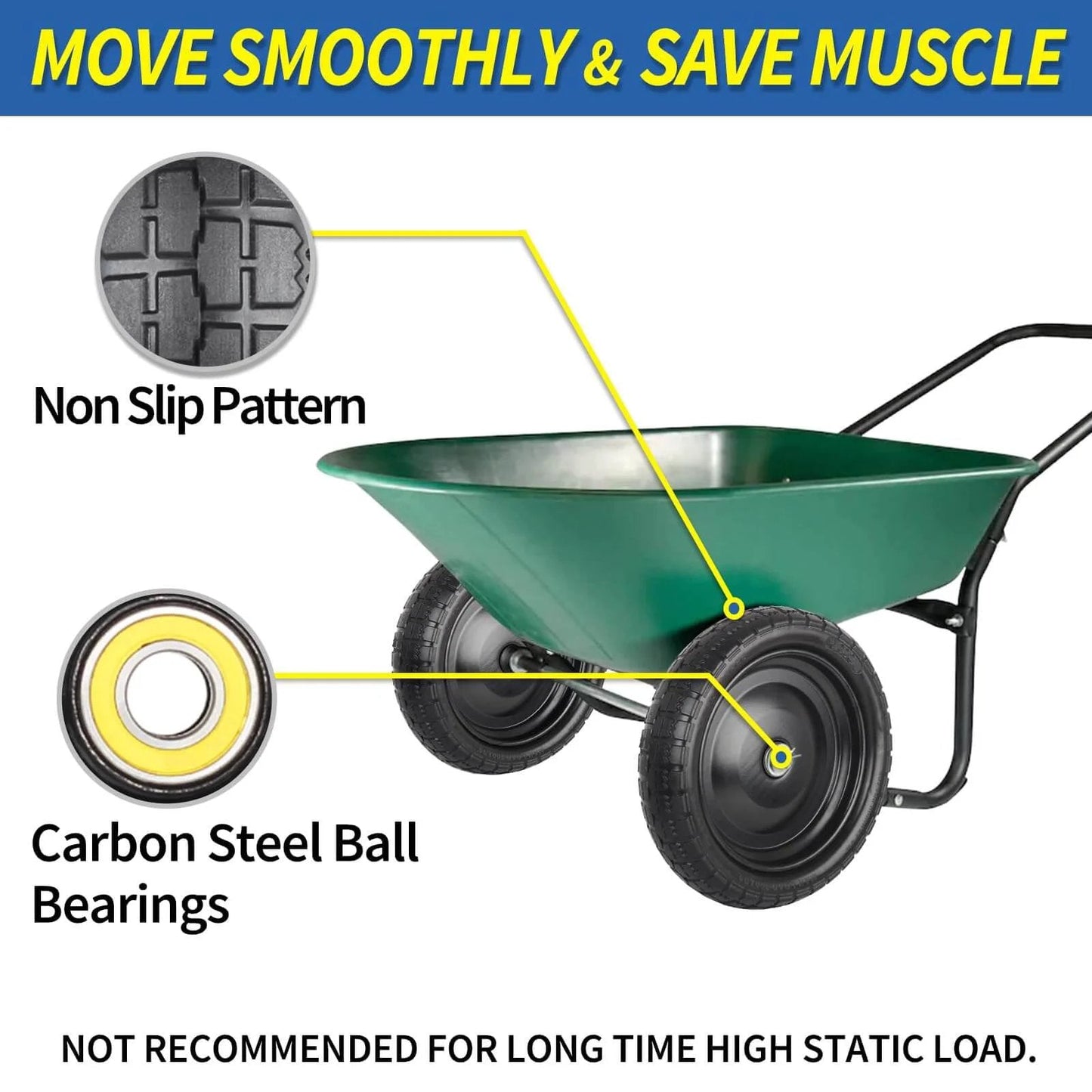 Green wheelbarrow with 13" flat-free solid tire and wheel, 5/8" axle bore hole, 2.2" offset hub, replacement 4.00-6 for garden use.