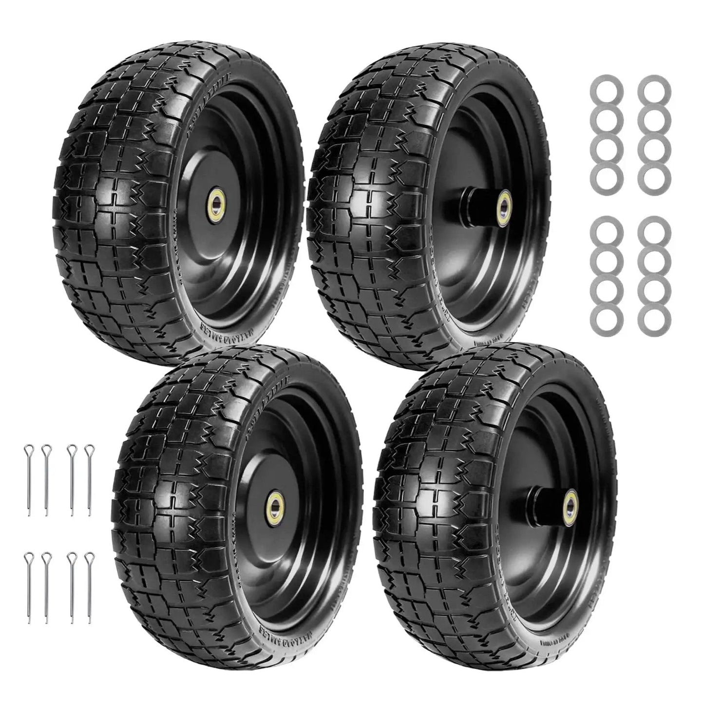 13 Inch Flat Free Solid Tire And Wheel For Gorilla Cart Wagon And Wheelbarrow 4.00-6 Size With 5/8 Inch Bearings 4 Pack