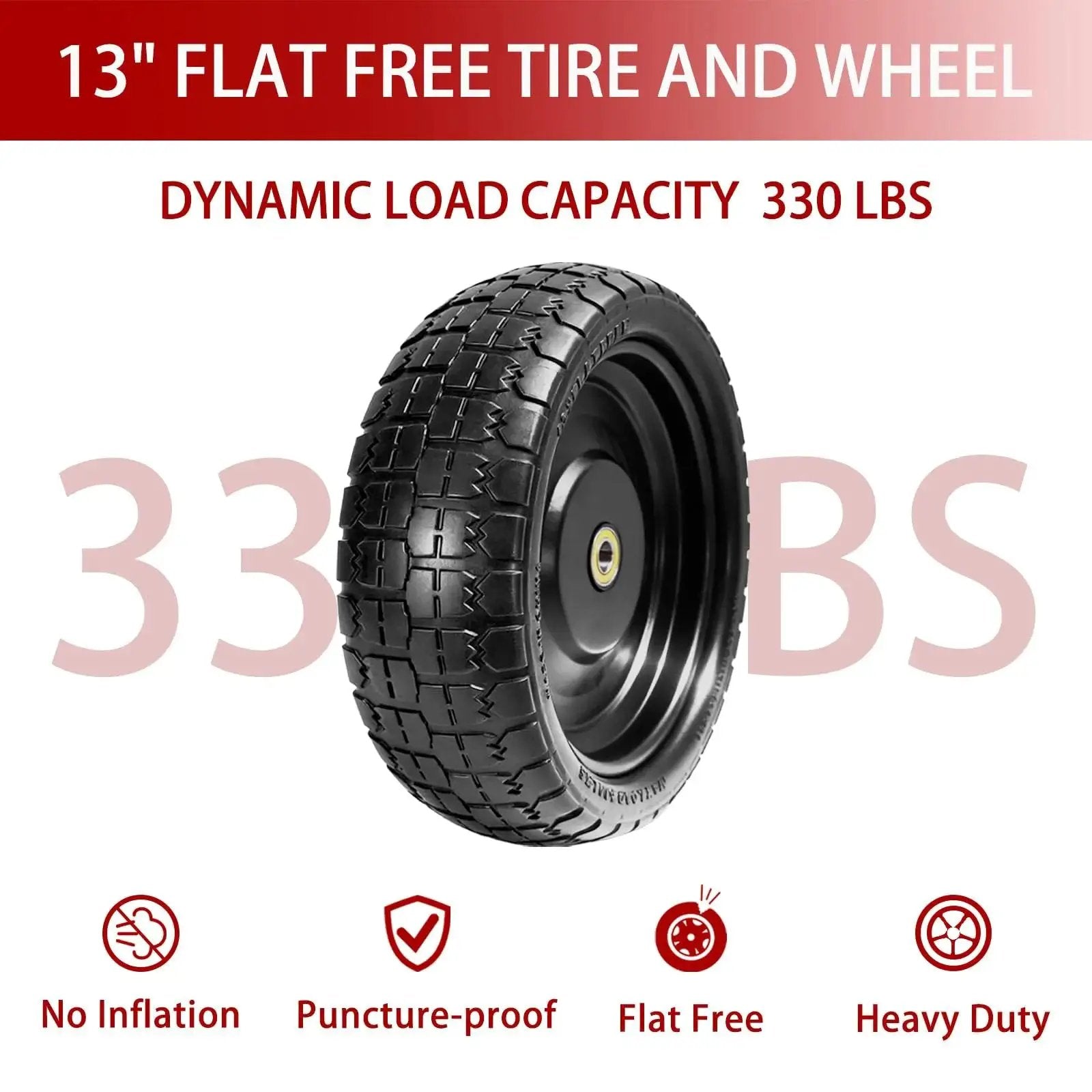 13 Inch Flat Free Solid Tire And Wheel For Gorilla Cart Wagon And Wheelbarrow 4.00-6 Size With 5/8 Inch Bearings 2.1 Inch Offset Hub 4 Pack
