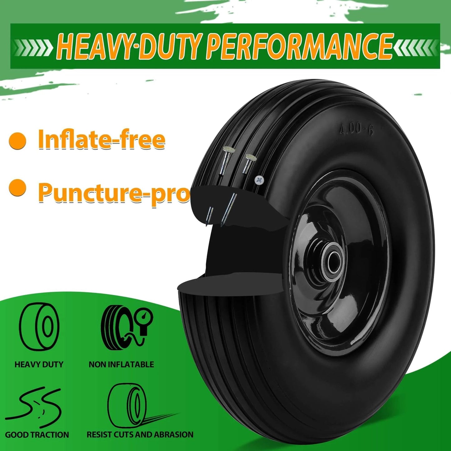 ✝️ Upgrade 13inch wheelbarrow tires 4.00-6 flat free tire and wheel with 5/8" & 3/4" bearings, 1.77"-5.75" center hub