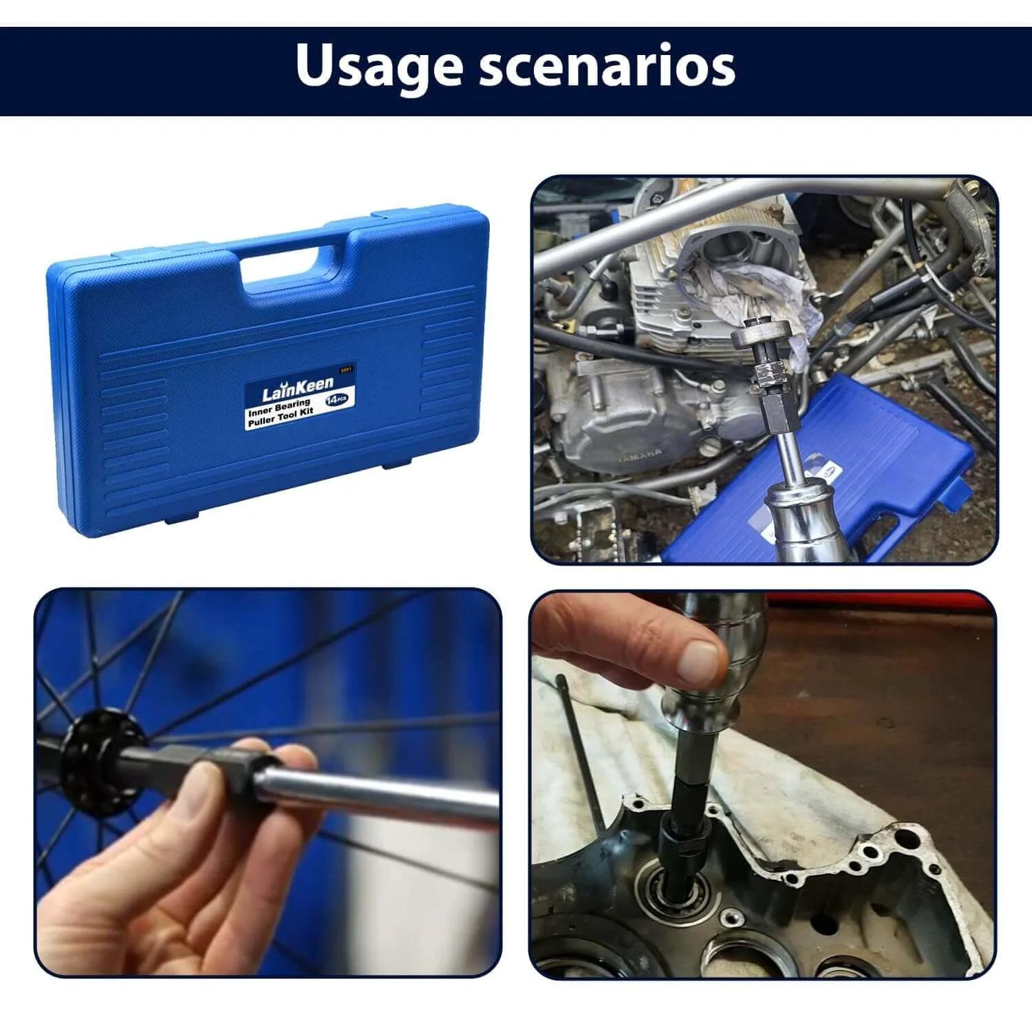 13pcs Blind Hole Collet Bearing Puller Set used on motorcycle engine and bike wheel, shown in blue storage case.