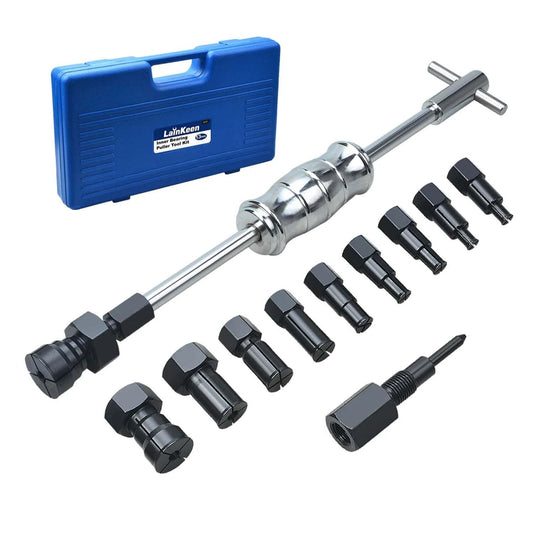 13pcs Blind Hole Collet Bearing Puller Set with Slide Hammer and Expandable Collets 8-32MM arranged with blue case background