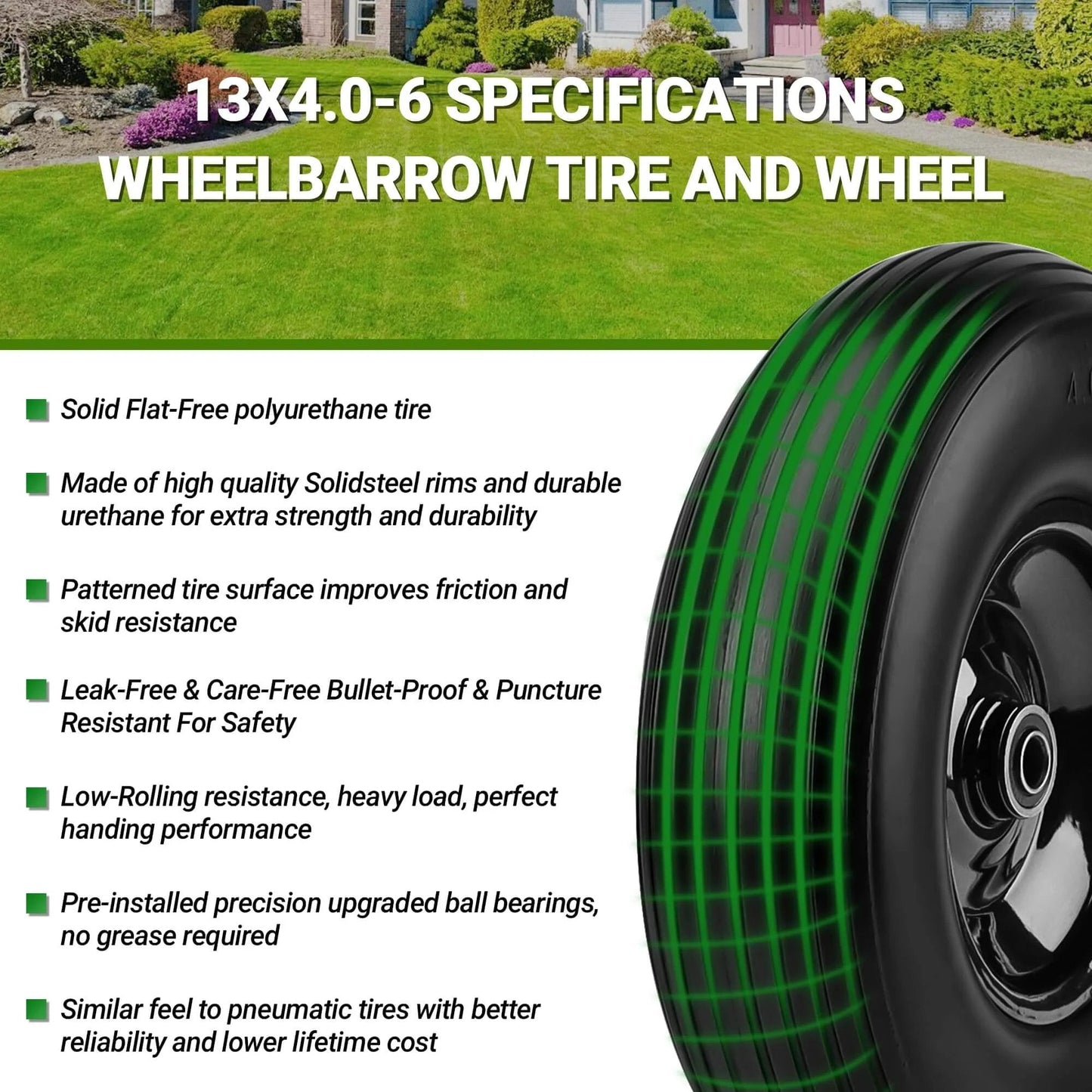 Green striped wheelbarrow tire showing 13x4.0-6 specs, solid polyurethane, bullet-proof, pre-installed ball bearings, smooth operation