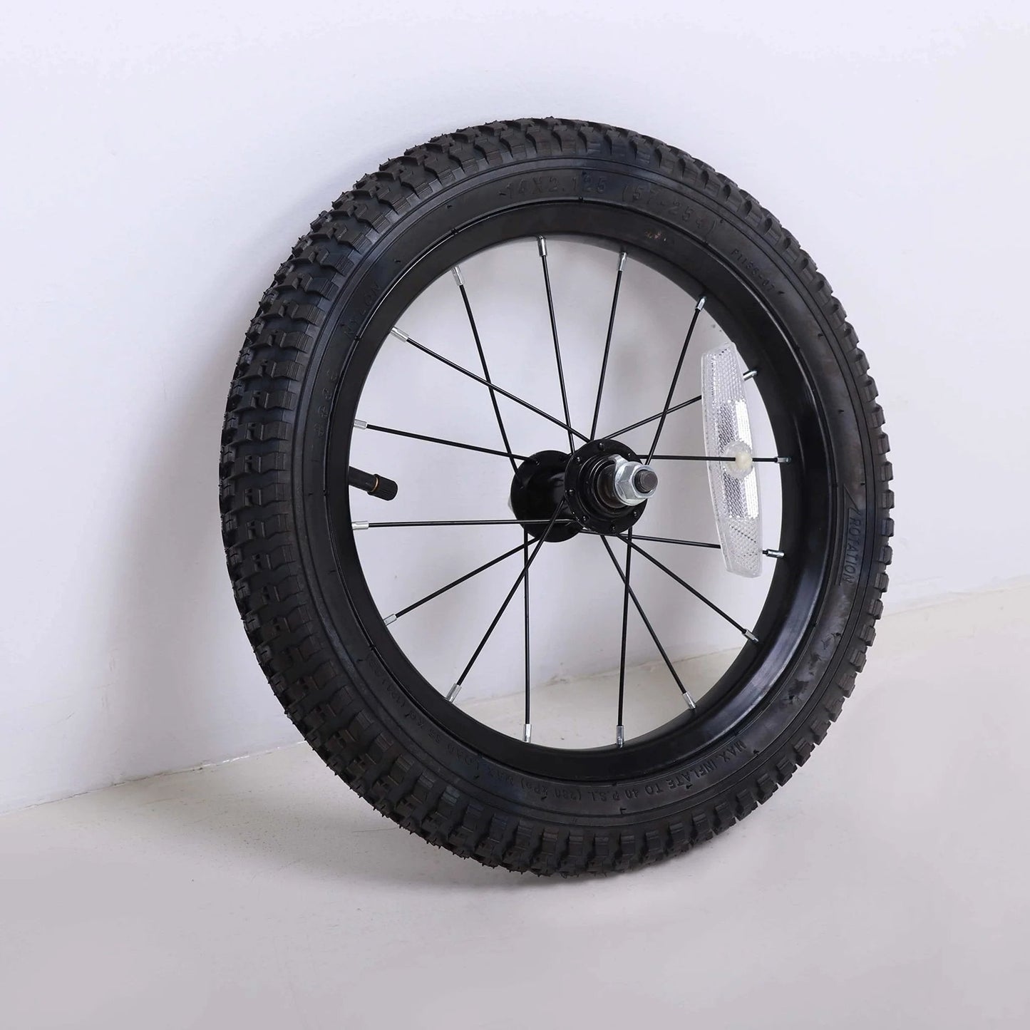 14 Inch Kids Bike Front Wheel Replacement with Air Rubber Tire, Black Steel Rim, stainless spokes, displayed against plain background