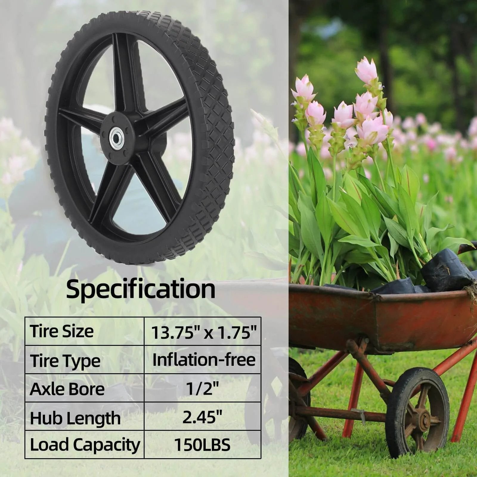 14 x 1.75 Inch Spoked Plastic Wheel and Tire 2 Pack with 2.45 Inch Hub Length and 1/2 Inch Bearing next to DIY wagon