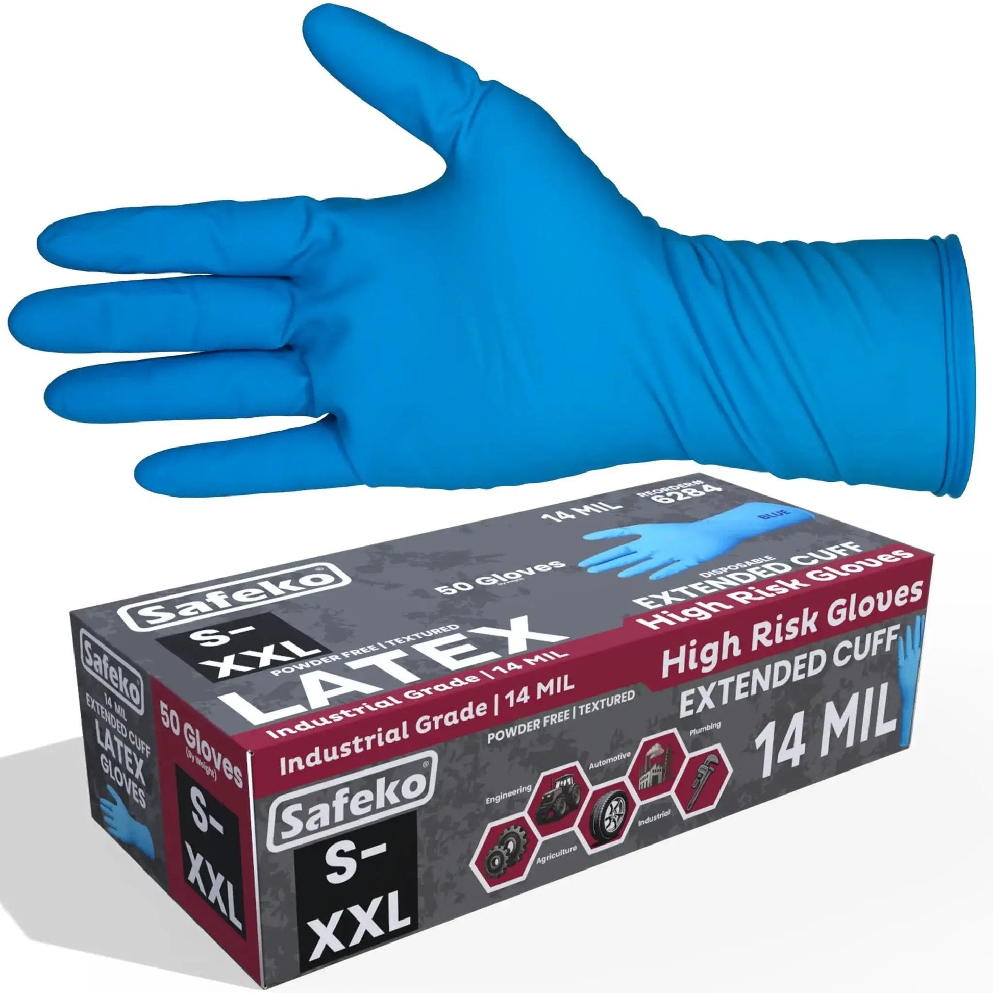 Hand wearing 14 Mil Blue Latex Disposable Gloves Powder Free With Extended Cuff Textured Grip, box labeled S-XXL