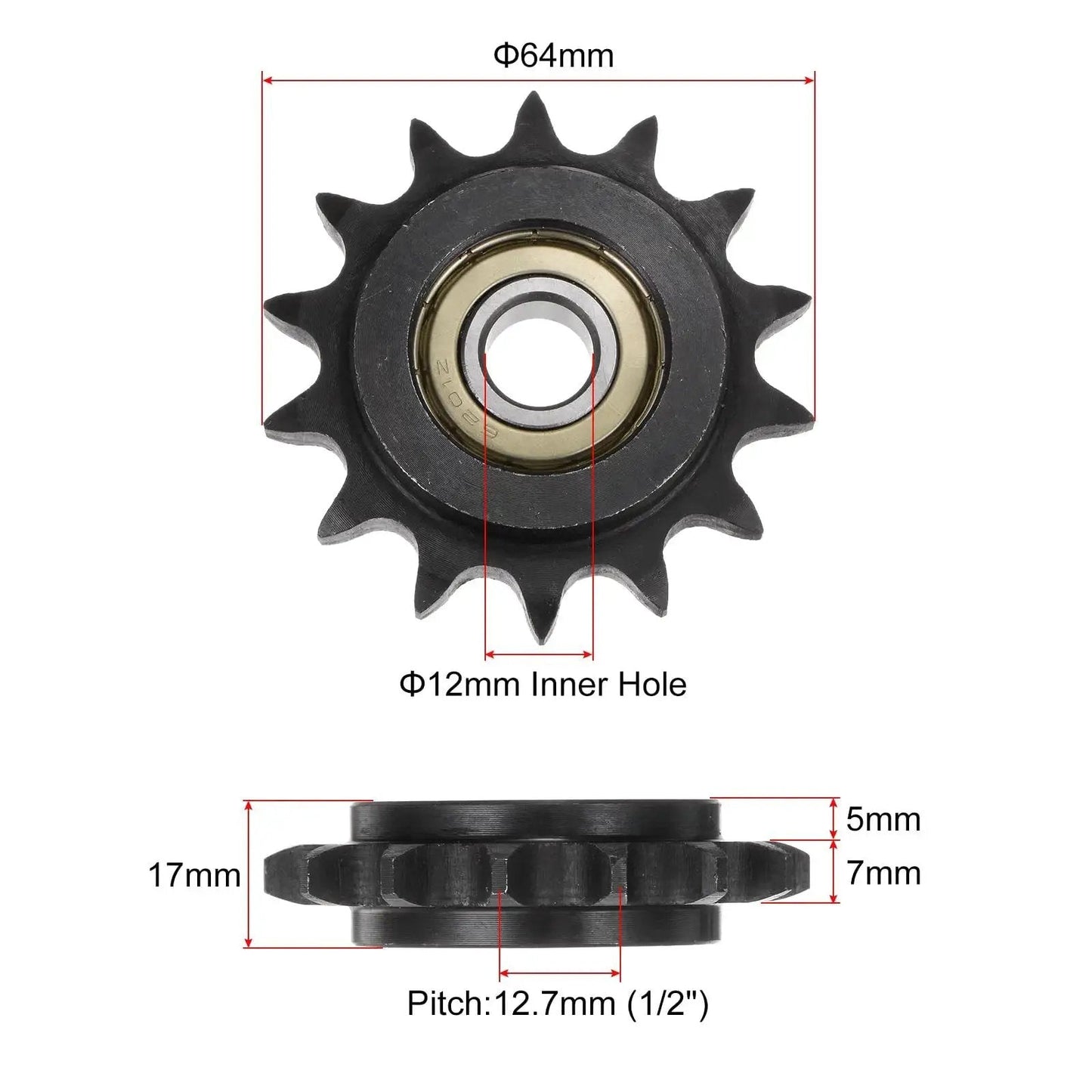 Heavy Duty Roller Chain Idler Sprocket Set For ANSI 40 DIN 08A Chains, 14 Tooth, 12mm Bore, Half Inch Pitch, 2 Pack