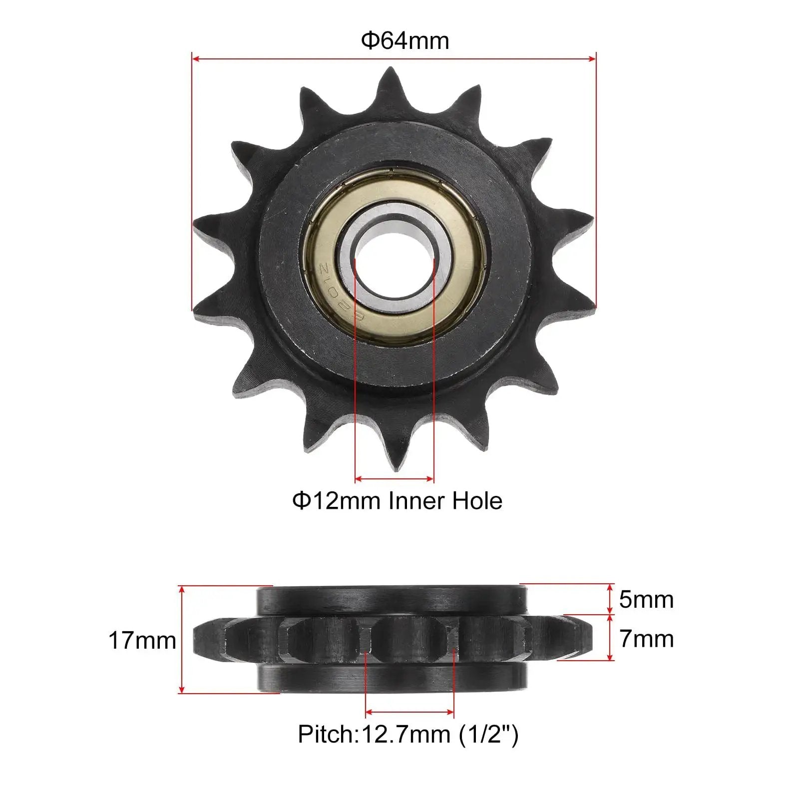 Heavy Duty Roller Chain Idler Sprocket Set For ANSI 40 DIN 08A Chains, 14 Tooth, 12mm Bore, Half Inch Pitch, 2 Pack