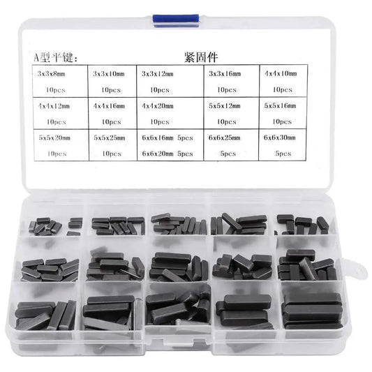140 Piece Keystock Set With Round End Keys For Drive Shafts, Carbon Steel, open box showing key sizes and compartments