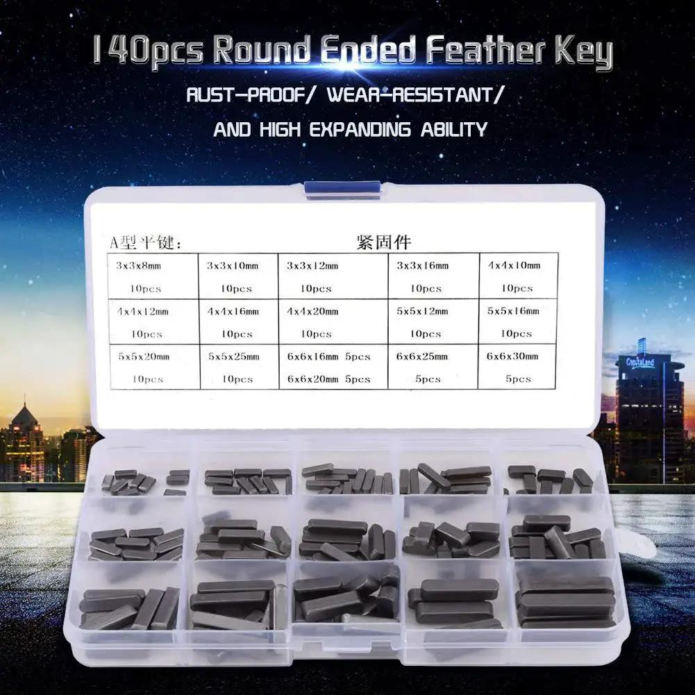 140 Piece Keystock Set With Round End Keys For Drive Shafts, Carbon Steel, Rust Resistant Keyways displayed in open case